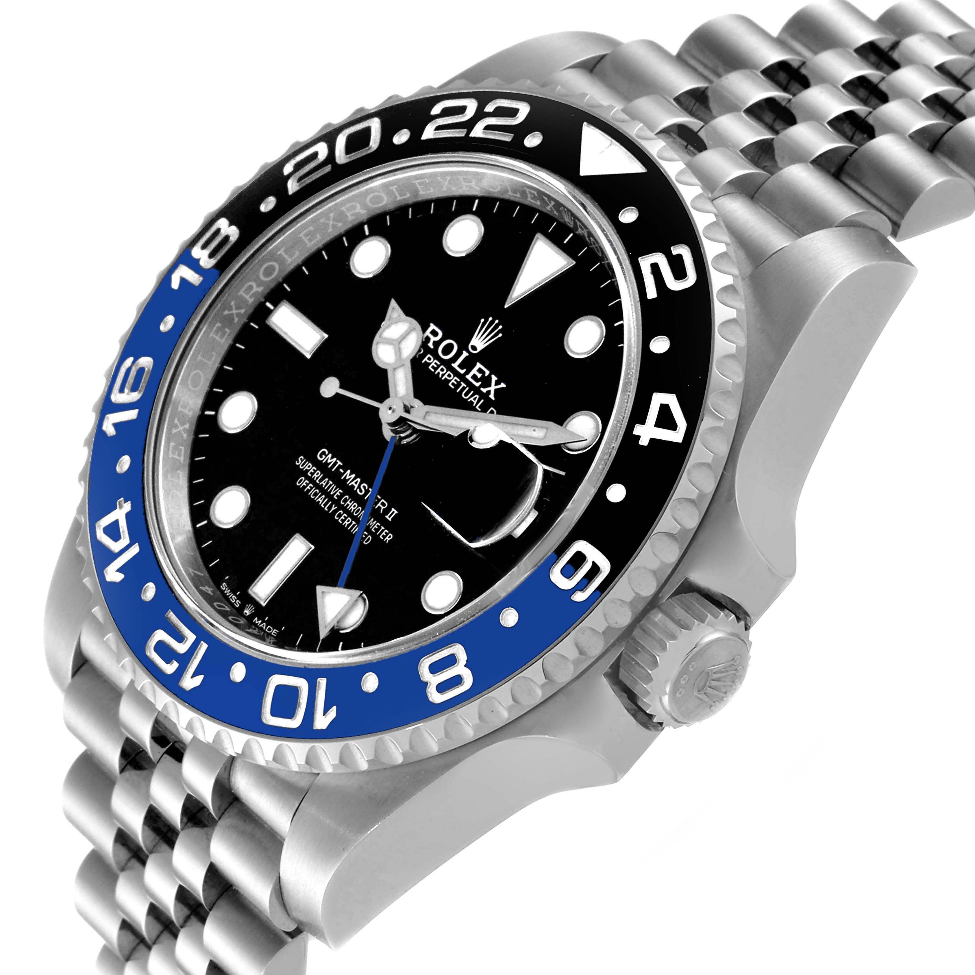 The image shows a side angle of the Rolex GMT-Master 126710 Men
s Stainless Steel Black Dial 126710 Men
s Stainless Steel Black Dial watch, highlighting its bezel, dial, crown, and part of the bracelet.