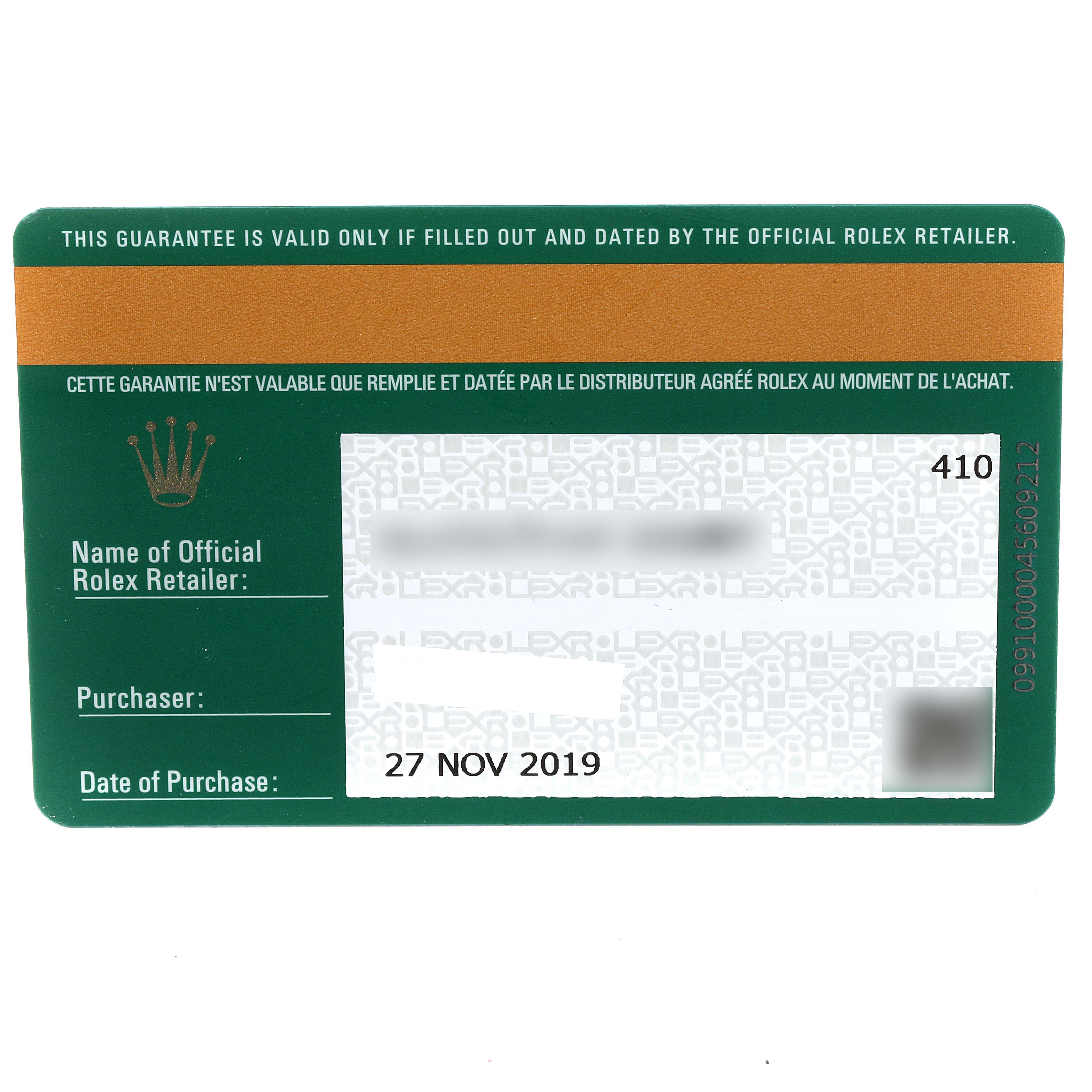 The image shows a guarantee card for a Rolex GMT-Master 126710 Men
s Stainless Steel Black Dial 126710 Men
s Stainless Steel Black Dial watch, displaying the retailer
s details and purchase date.