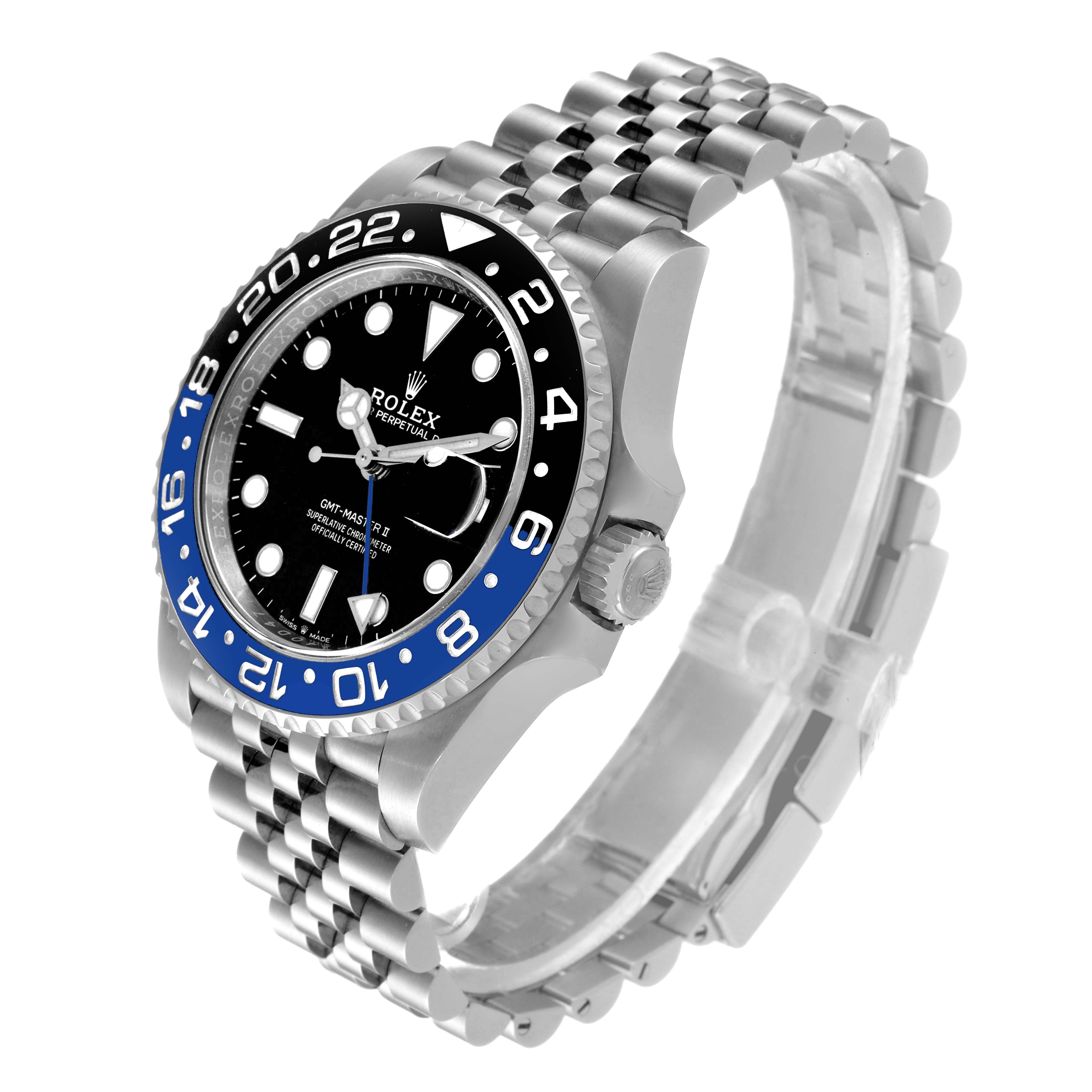 The image shows a side angle of a Rolex GMT-Master 126710 Men
s Stainless Steel Black Dial 126710 Men
s Stainless Steel Black Dial watch, highlighting the bezel, crown, and metal bracelet.