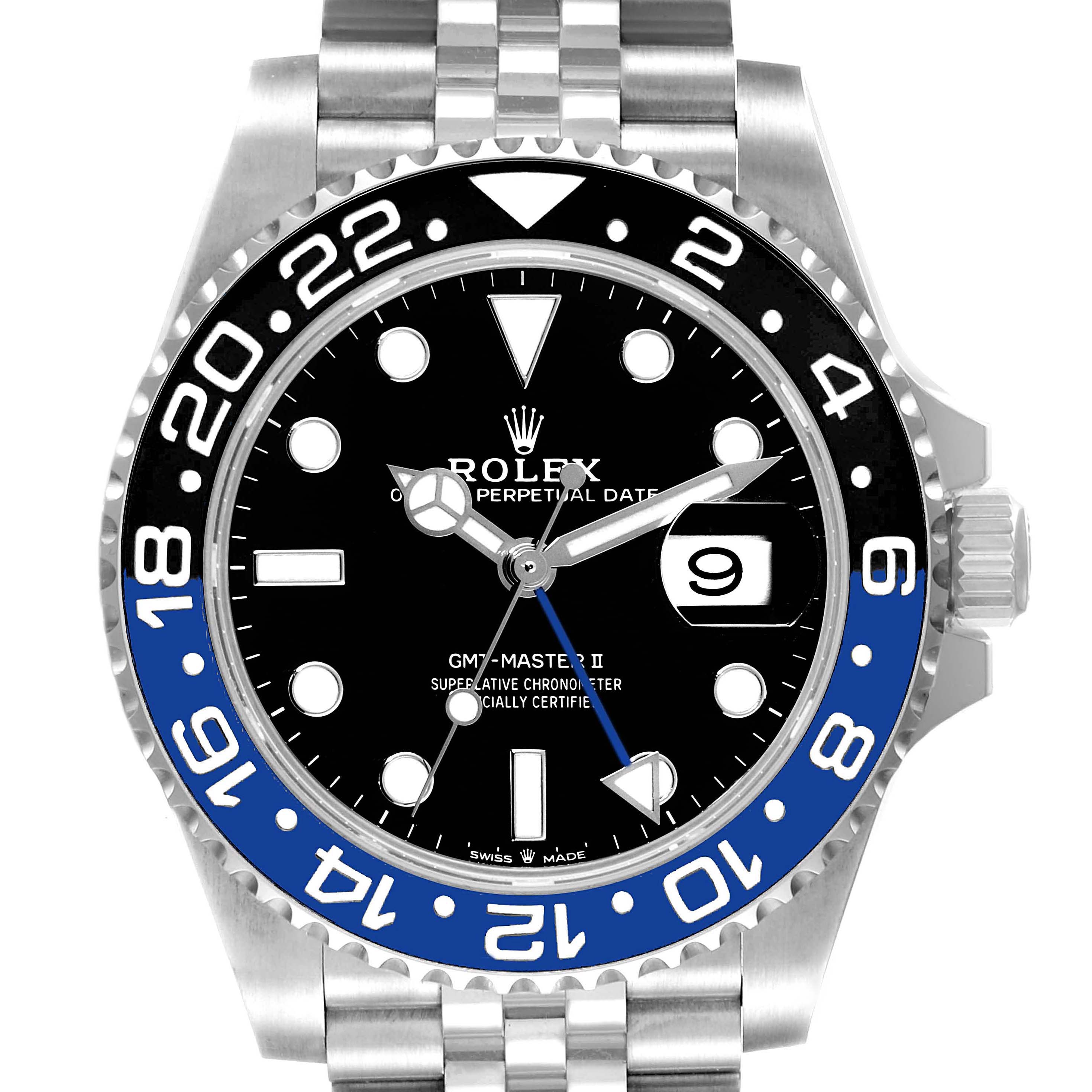 This image shows a front view of a Rolex GMT-Master 126710 Men
s Stainless Steel Black Dial 126710 Men
s Stainless Steel Black Dial II watch, highlighting its dial, bezel, and bracelet.
