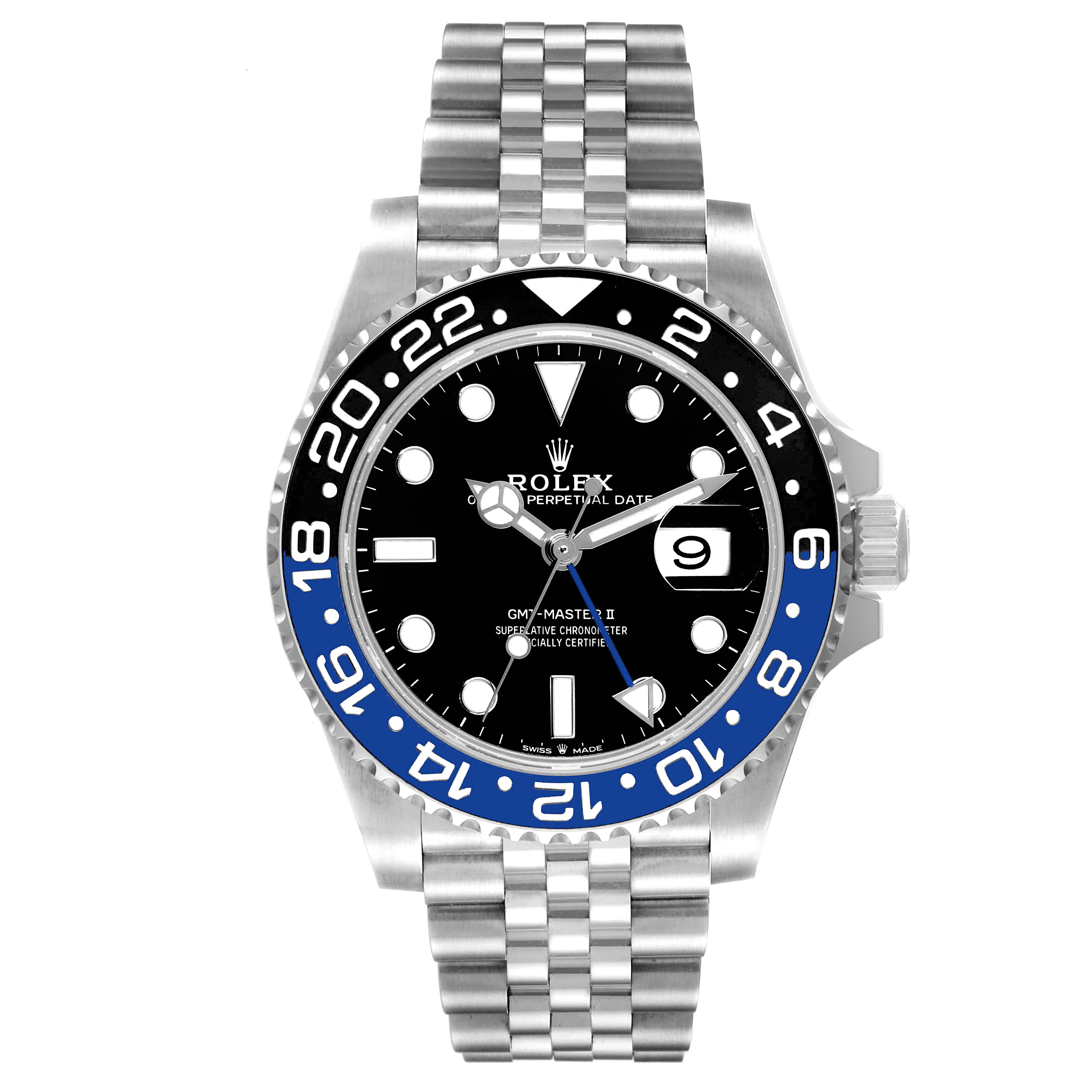 The Rolex GMT-Master 126710 Men
s Stainless Steel Black Dial 126710 Men
s Stainless Steel Black Dial watch is shown from a front angle, displaying the face, bezel, and part of the bracelet.