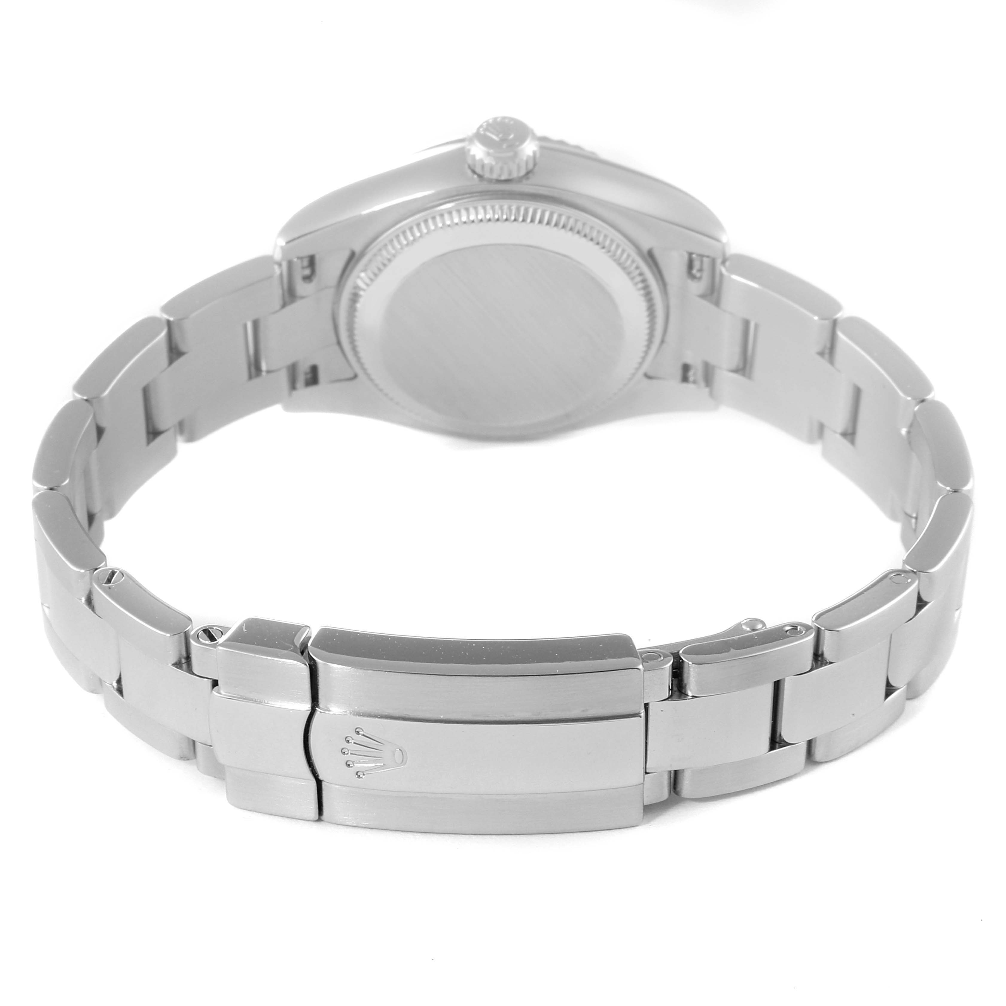 The image shows the back view of a Rolex Oyster Perpetual 176234 Women's Stainless Steel Black Dial 176234 Women's Stainless Steel Black Dial watch, highlighting the case back and the bracelet with the clasp.