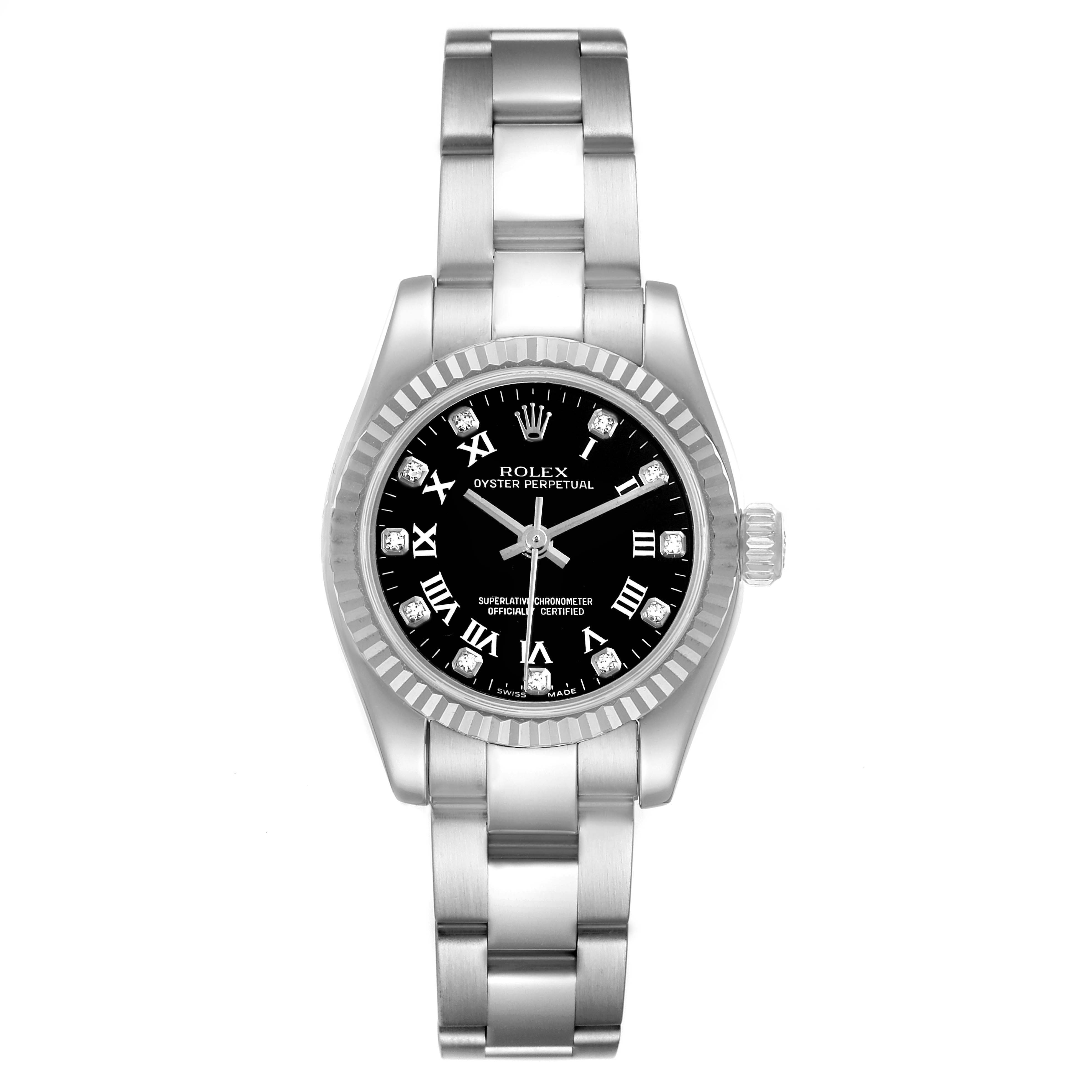 The image shows a front view of a Rolex Oyster Perpetual 176234 Women's Stainless Steel Black Dial 176234 Women's Stainless Steel Black Dial watch, displaying the dial, bezel, case, and bracelet.