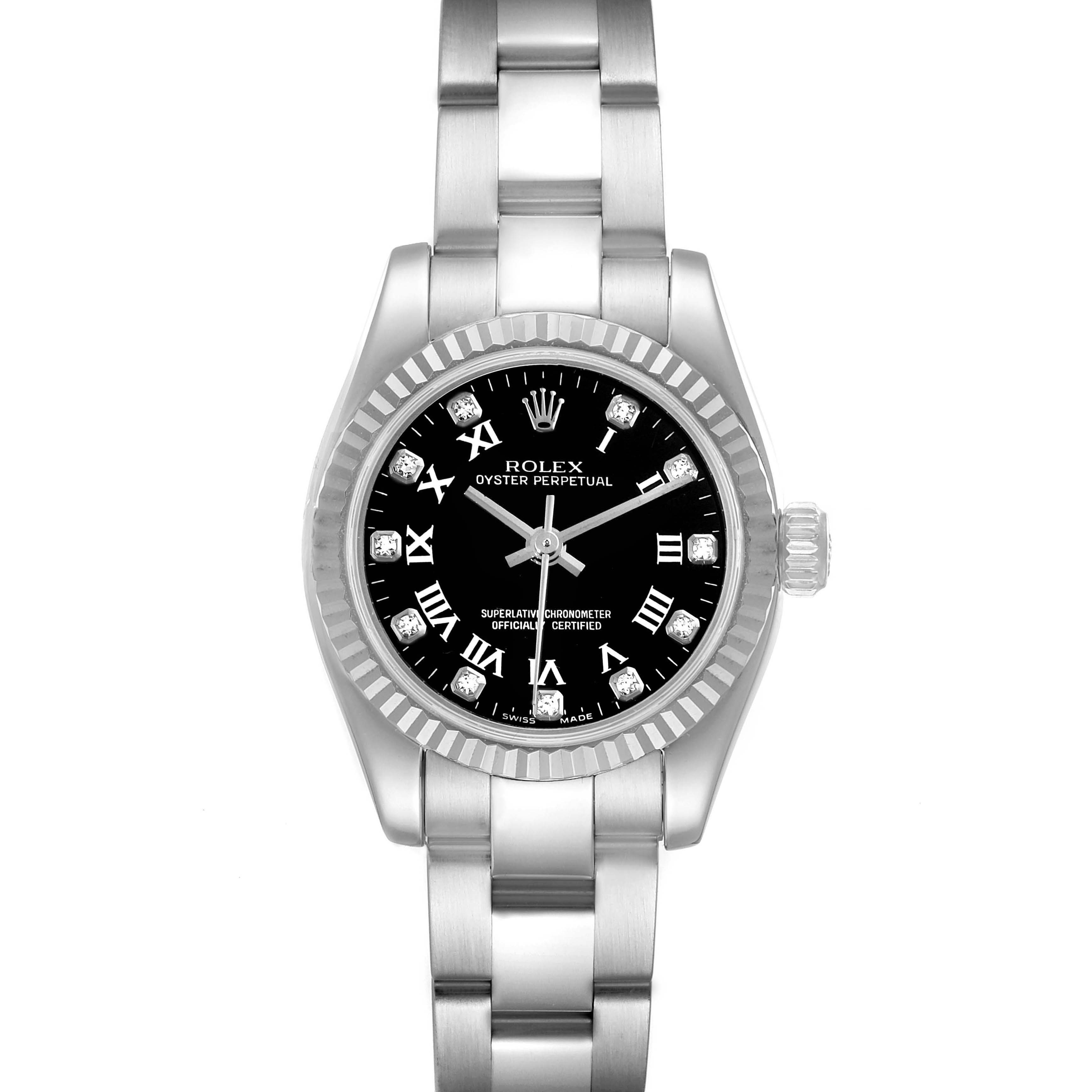 The image shows a frontal view of a Rolex Oyster Perpetual 176234 Women's Stainless Steel Black Dial 176234 Women's Stainless Steel Black Dial watch, displaying the dial, bezel, and bracelet.