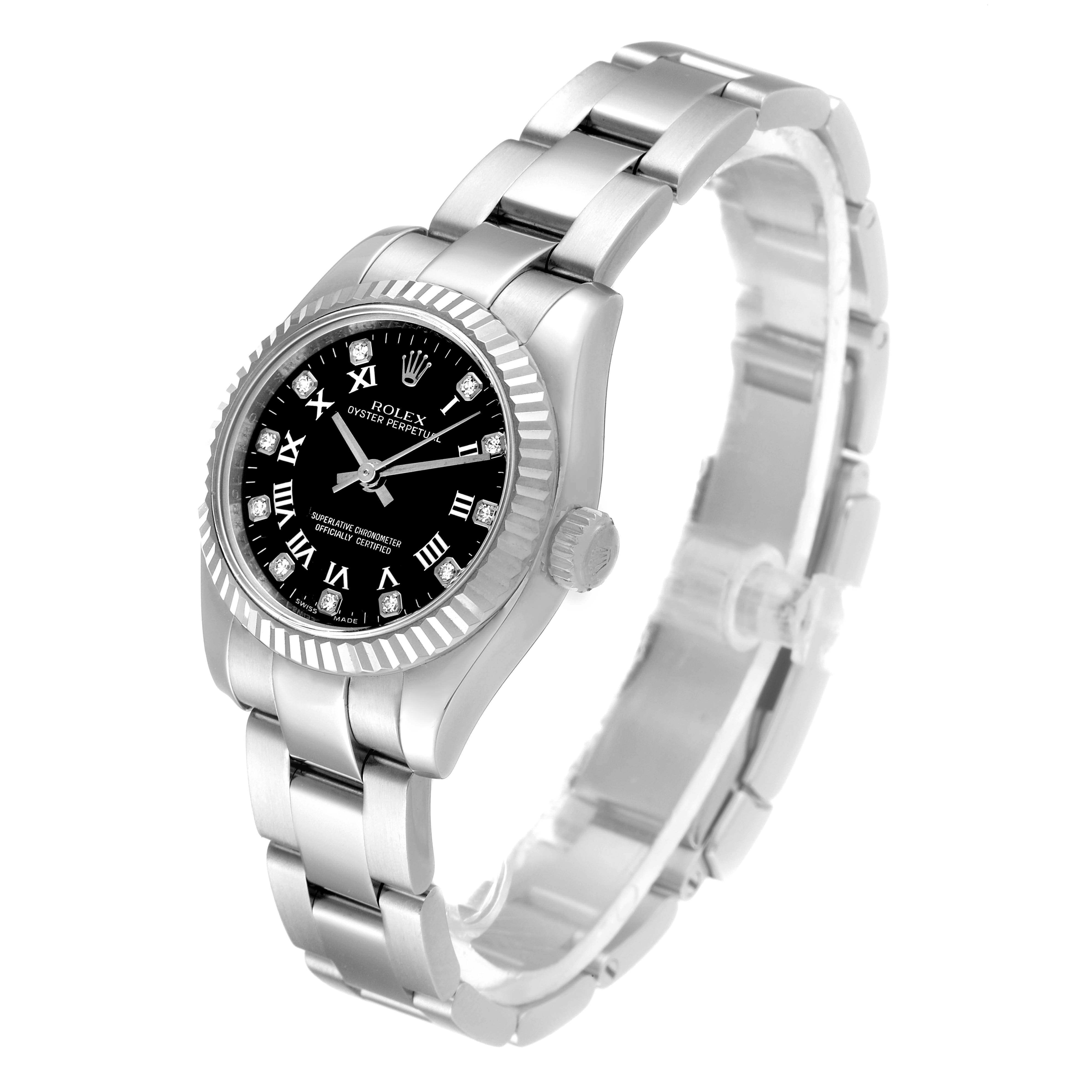 This image shows a side angle of the Rolex Oyster Perpetual 176234 Women's Stainless Steel Black Dial 176234 Women's Stainless Steel Black Dial watch, highlighting its bracelet, bezel, crown, and dial.