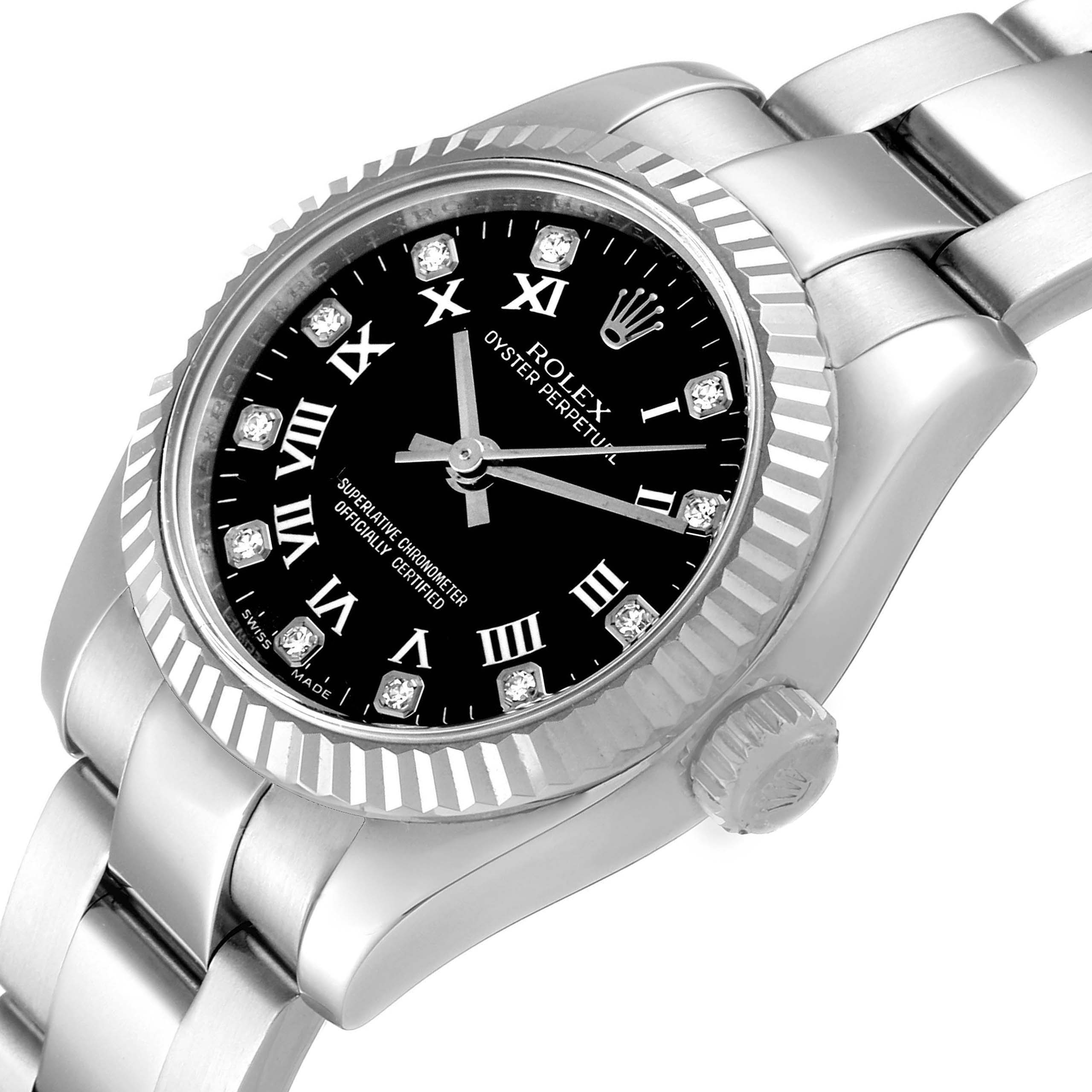 This image shows a slightly angled view of a Rolex Oyster Perpetual 176234 Women's Stainless Steel Black Dial 176234 Women's Stainless Steel Black Dial watch, highlighting its dial, bezel, and part of the bracelet.