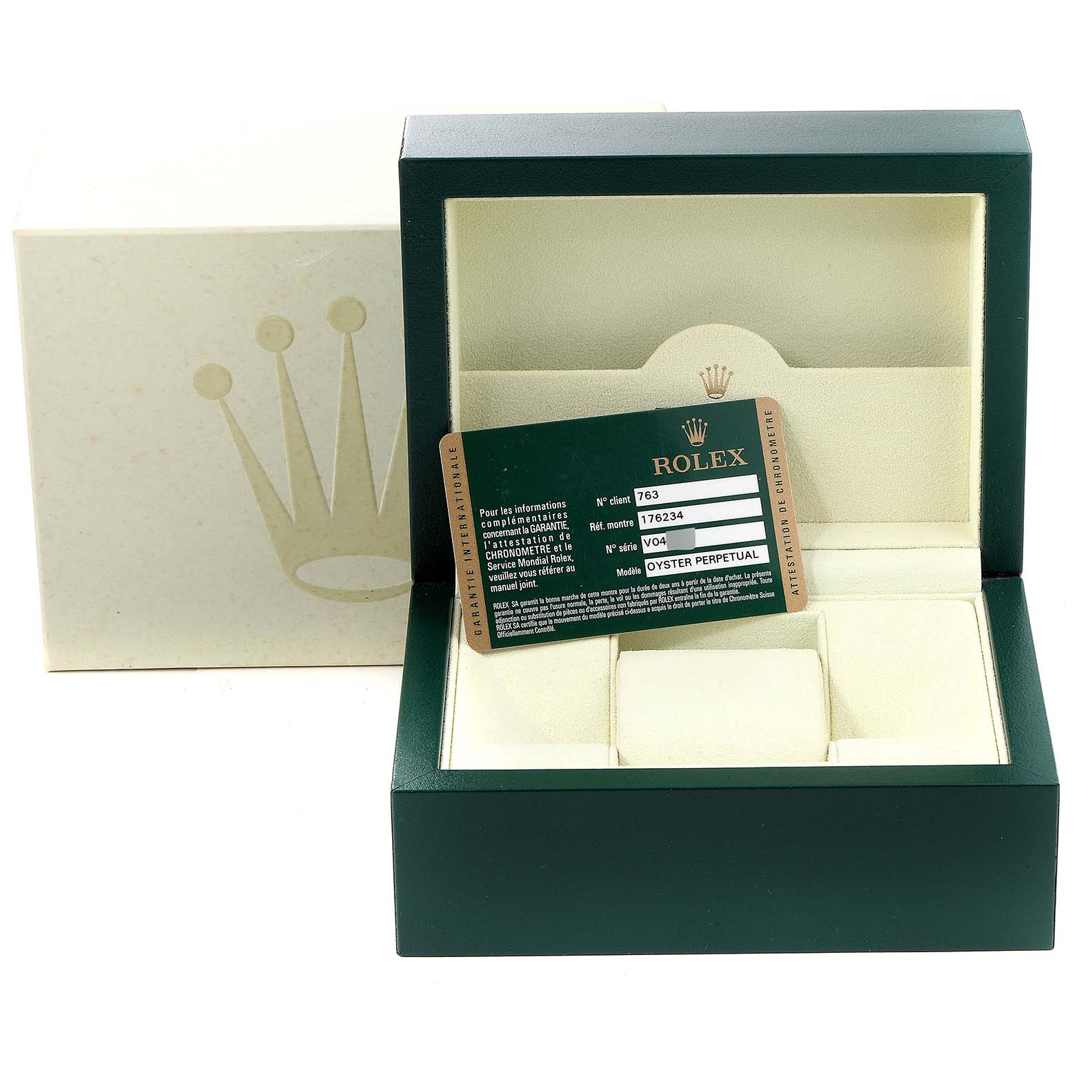 The image shows a box and warranty card for a Rolex Oyster Perpetual 176234 Women's Stainless Steel Black Dial 176234 Women's Stainless Steel Black Dial watch from a top-front angle.