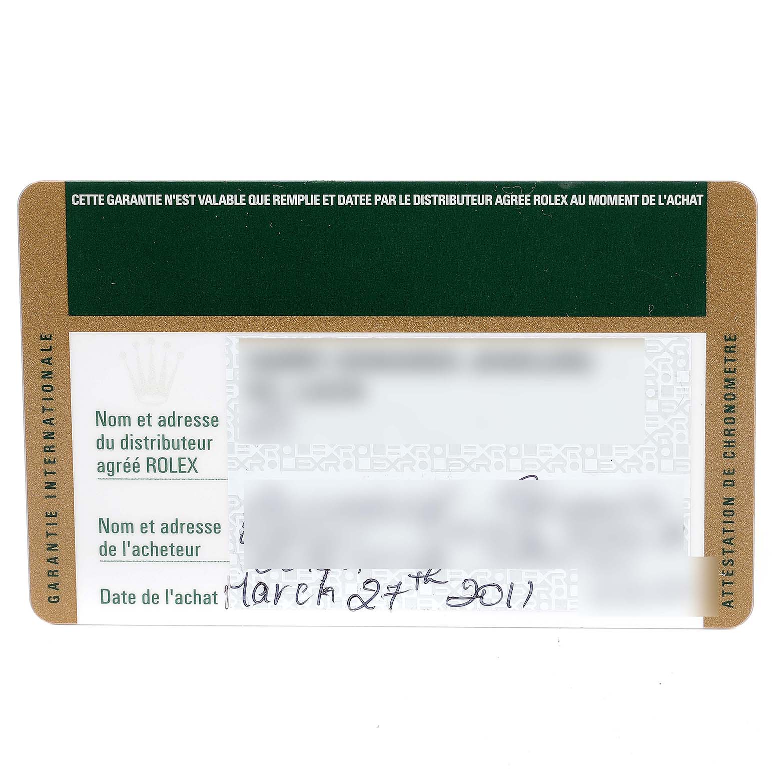 The image shows the warranty card for a Rolex Oyster Perpetual 176234 Women's Stainless Steel Black Dial 176234 Women's Stainless Steel Black Dial watch, featuring fields for distributor and buyer details along with the purchase date.