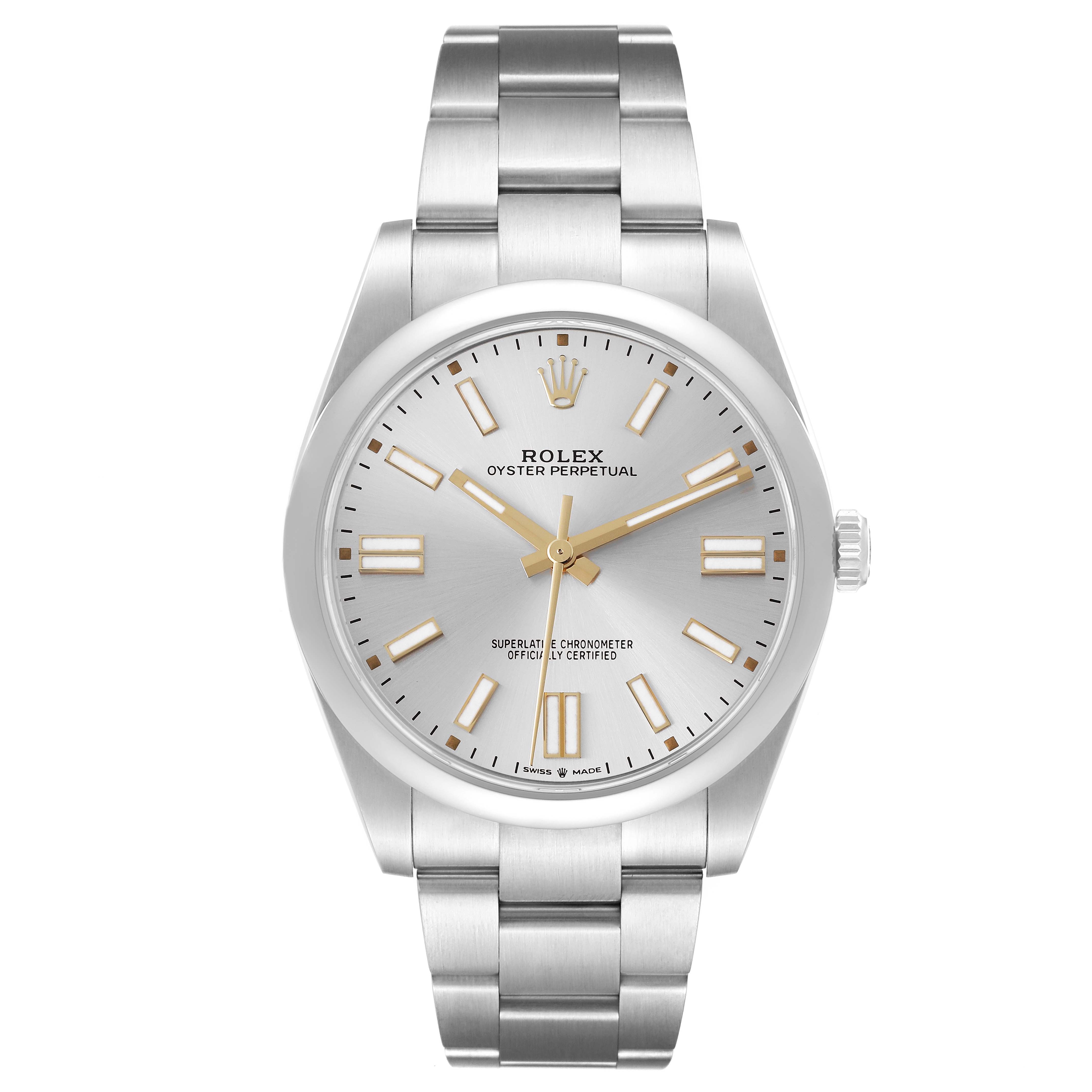The Rolex Oyster Perpetual 124300 Men's Stainless Steel Silver Dial 124300 Men's Stainless Steel Silver Dial watch is shown from the front, displaying the face, hands, markers, and bracelet.