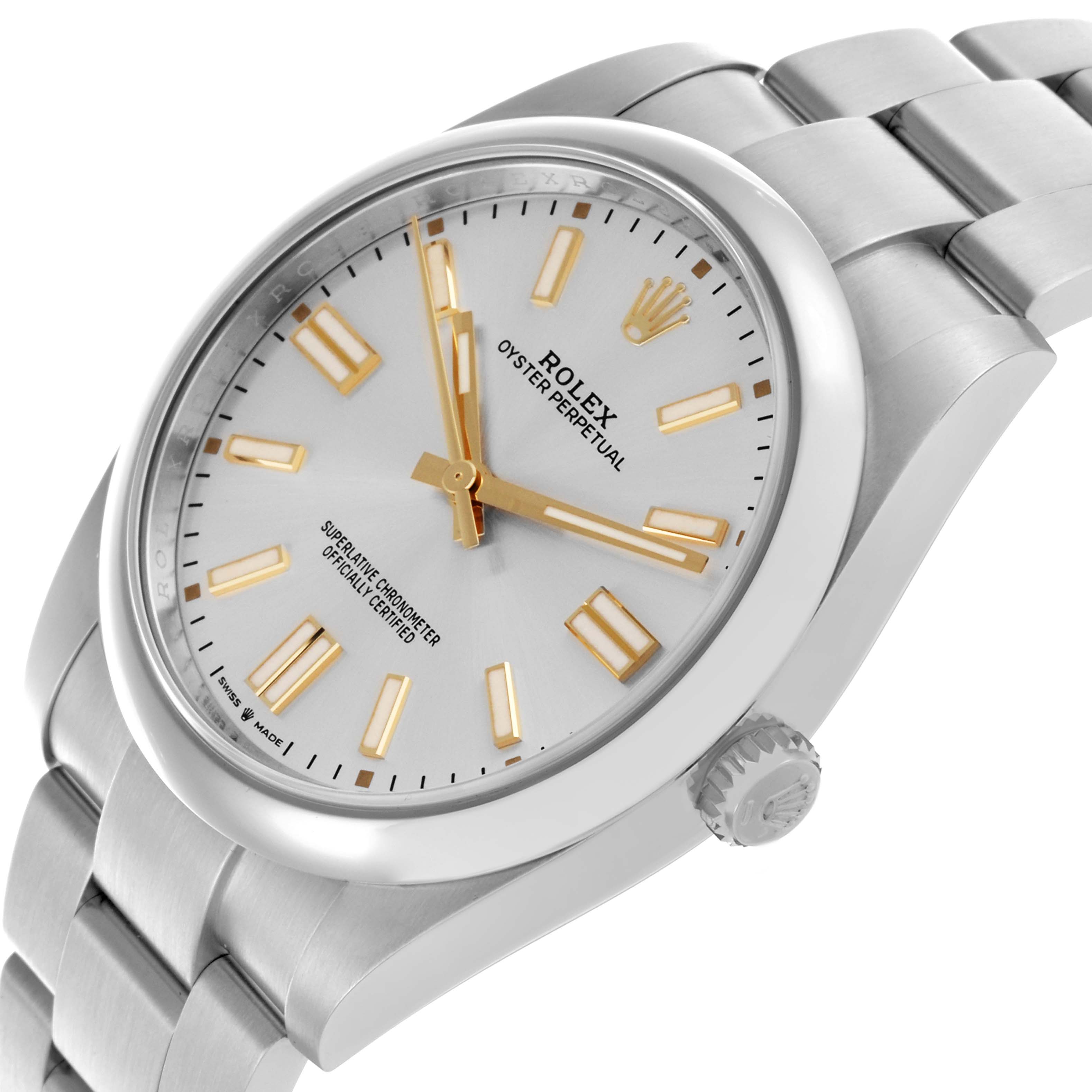The Rolex Oyster Perpetual 124300 Men's Stainless Steel Silver Dial 124300 Men's Stainless Steel Silver Dial watch is shown at a three-quarter angle, highlighting the face, bezel, crown, and part of the bracelet.