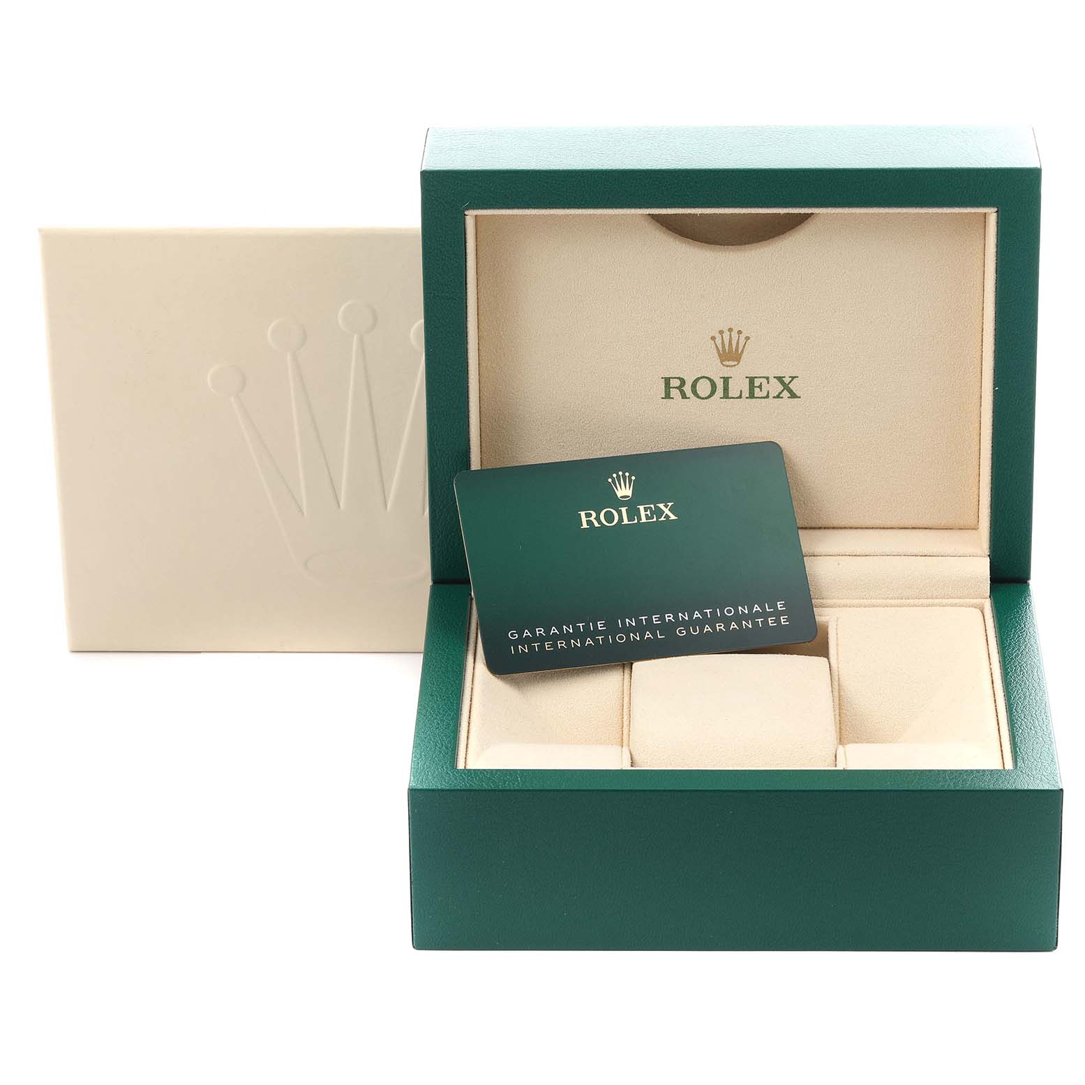 This image shows the open box of a Rolex Oyster Perpetual 124300 Men's Stainless Steel Silver Dial 124300 Men's Stainless Steel Silver Dial with its warranty card prominently displayed.