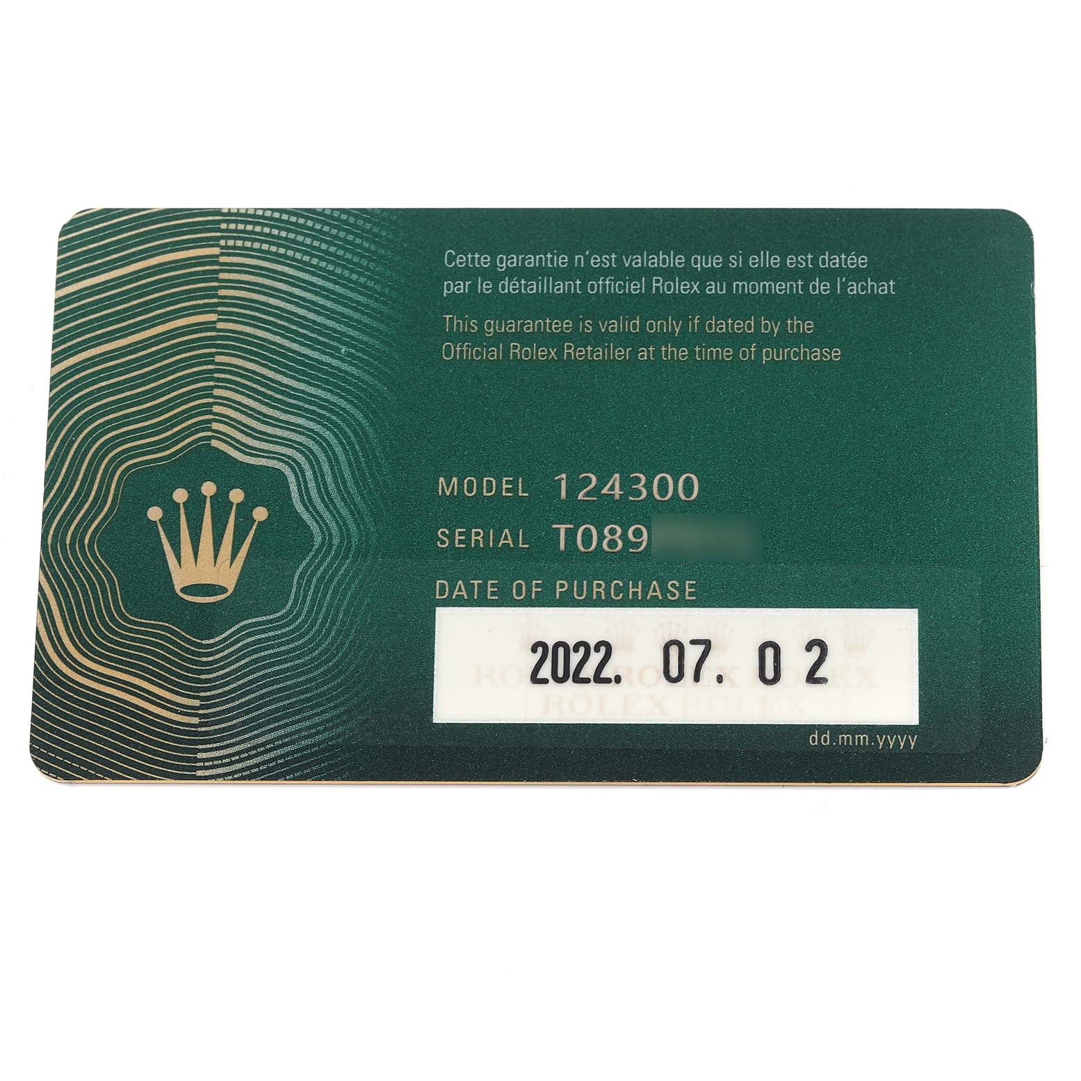 The image shows a warranty card for the Rolex Oyster Perpetual 124300 Men's Stainless Steel Silver Dial 124300 Men's Stainless Steel Silver Dial model, displaying model, serial number, and purchase date details.