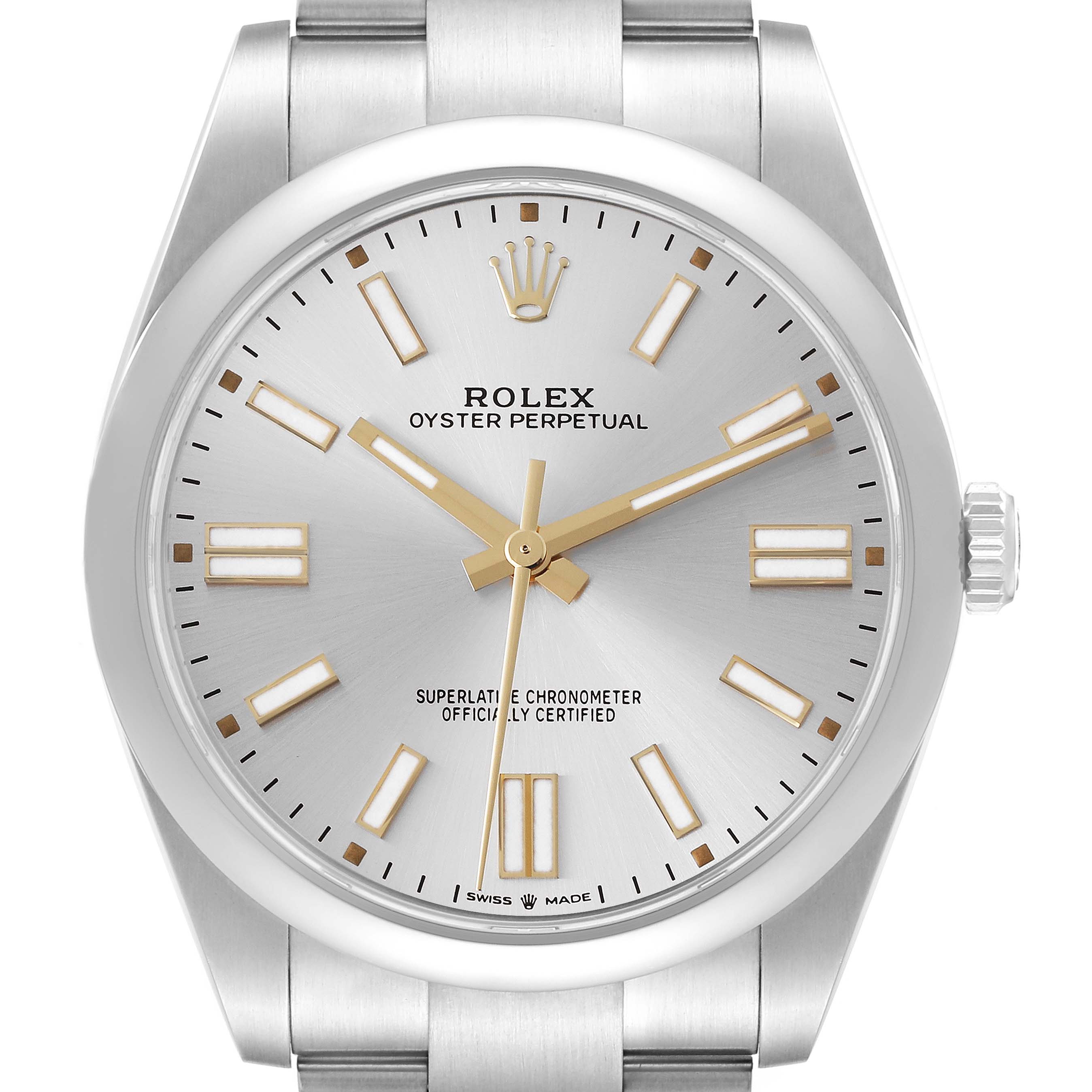 The Rolex Oyster Perpetual 124300 Men's Stainless Steel Silver Dial 124300 Men's Stainless Steel Silver Dial watch is shown from the front, displaying its dial, hands, crown, and part of the bracelet.