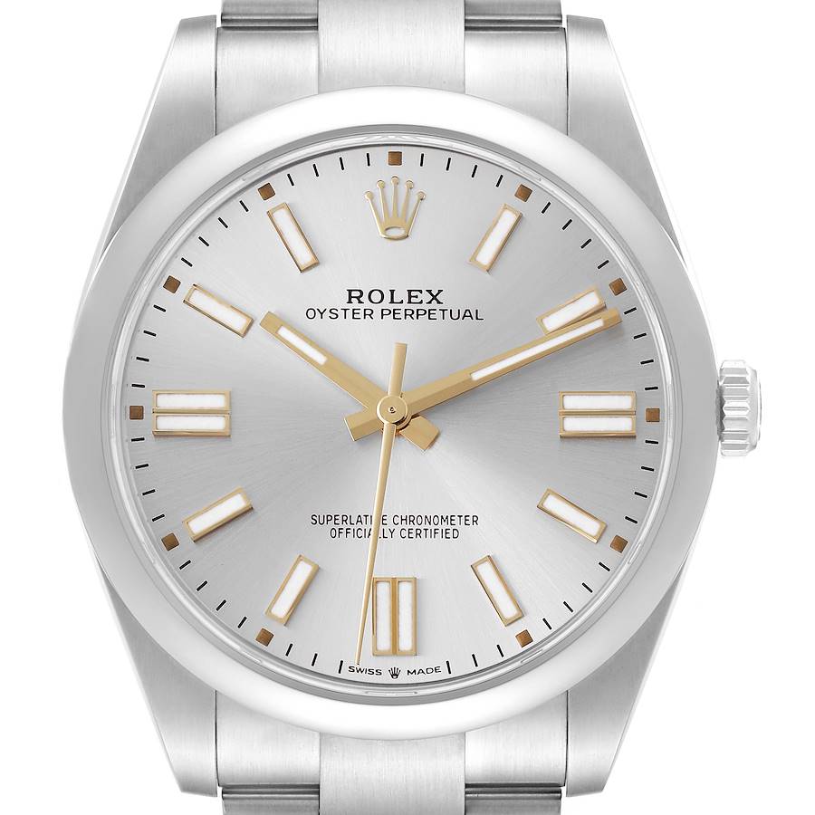 The Rolex Oyster Perpetual watch is shown from the front, displaying its dial, hands, crown, and part of the bracelet.