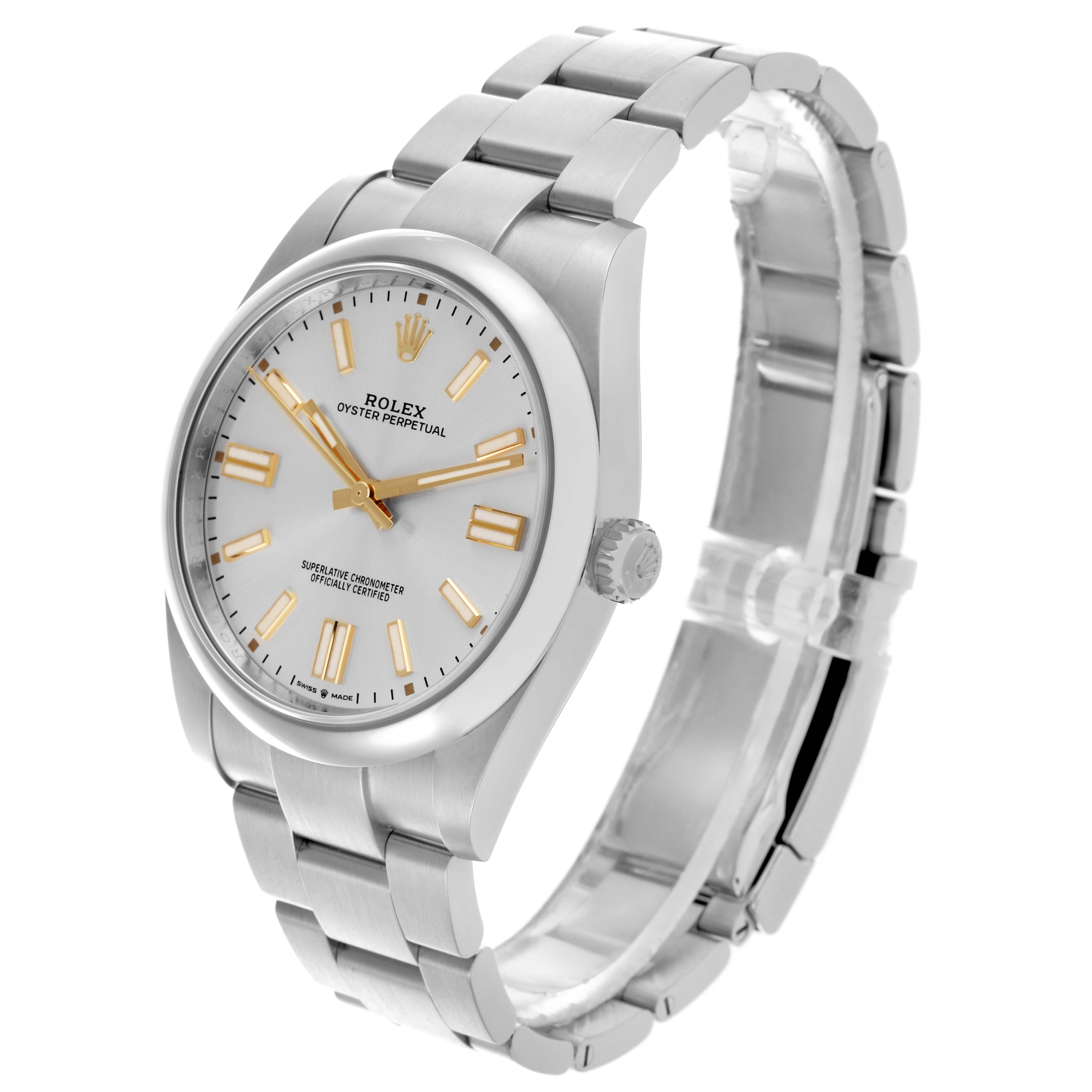The Rolex Oyster Perpetual 124300 Men's Stainless Steel Silver Dial 124300 Men's Stainless Steel Silver Dial watch is shown at a slight angle, highlighting the face, bracelet, and crown.
