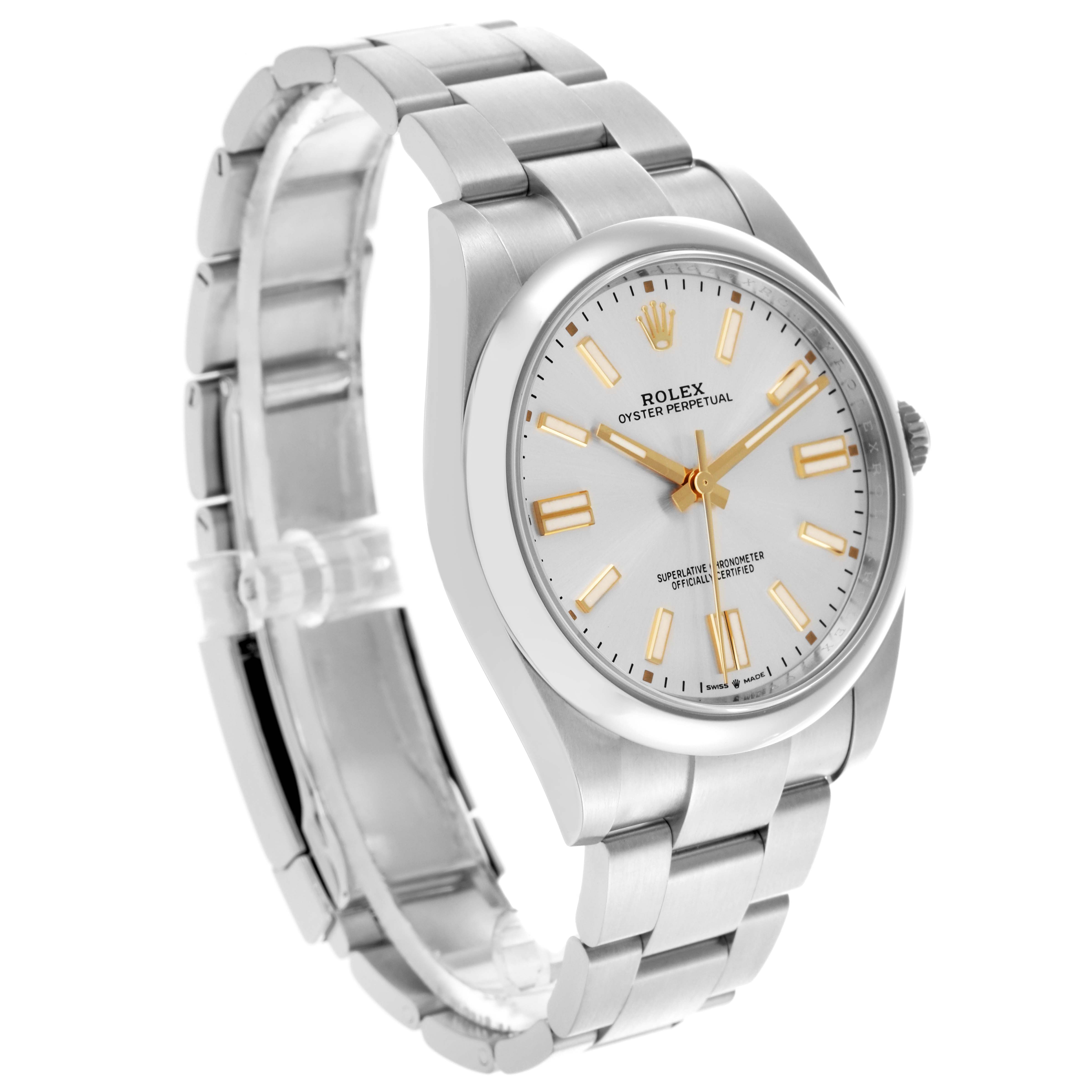The Rolex Oyster Perpetual 124300 Men's Stainless Steel Silver Dial 124300 Men's Stainless Steel Silver Dial watch is shown at a slight angle, displaying the face, case, and full bracelet.