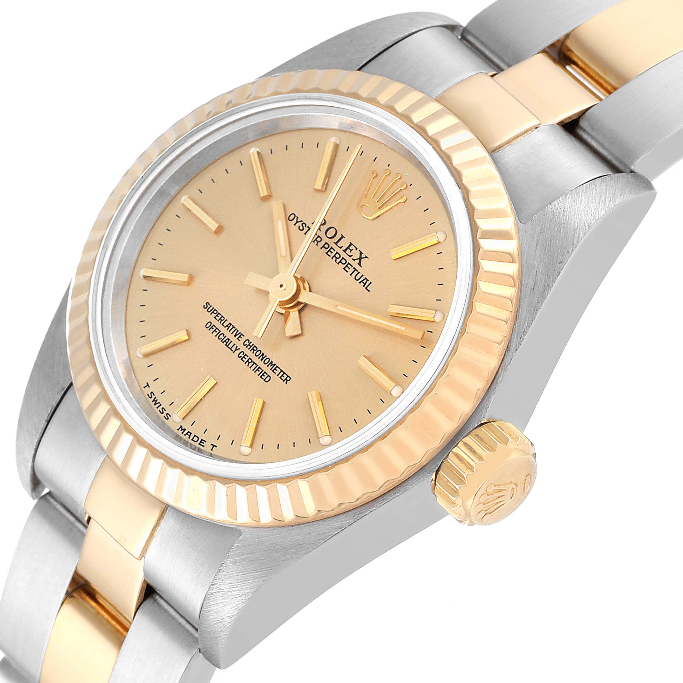 The Oyster Perpetual Rolex watch is shown at a slight angle, highlighting the watch face, bezel, crown, and part of the bracelet.