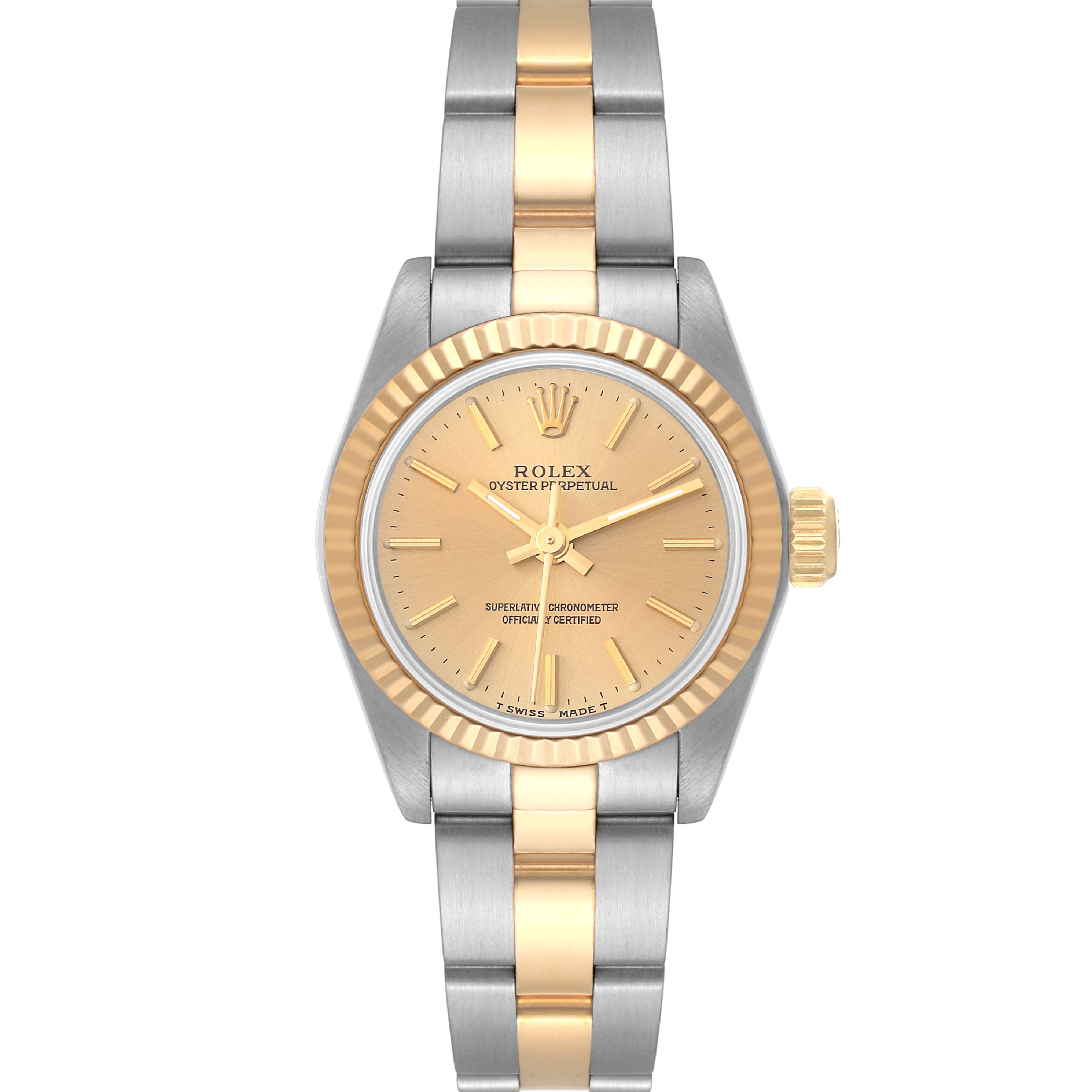 The image shows a Rolex Oyster Perpetual 67193 Women's Steel and Gold (two tone) Champagne Dial 67193 Women's Steel and Gold (two tone) Champagne Dial watch, taken from the front angle, revealing its gold and silver dial and bracelet.