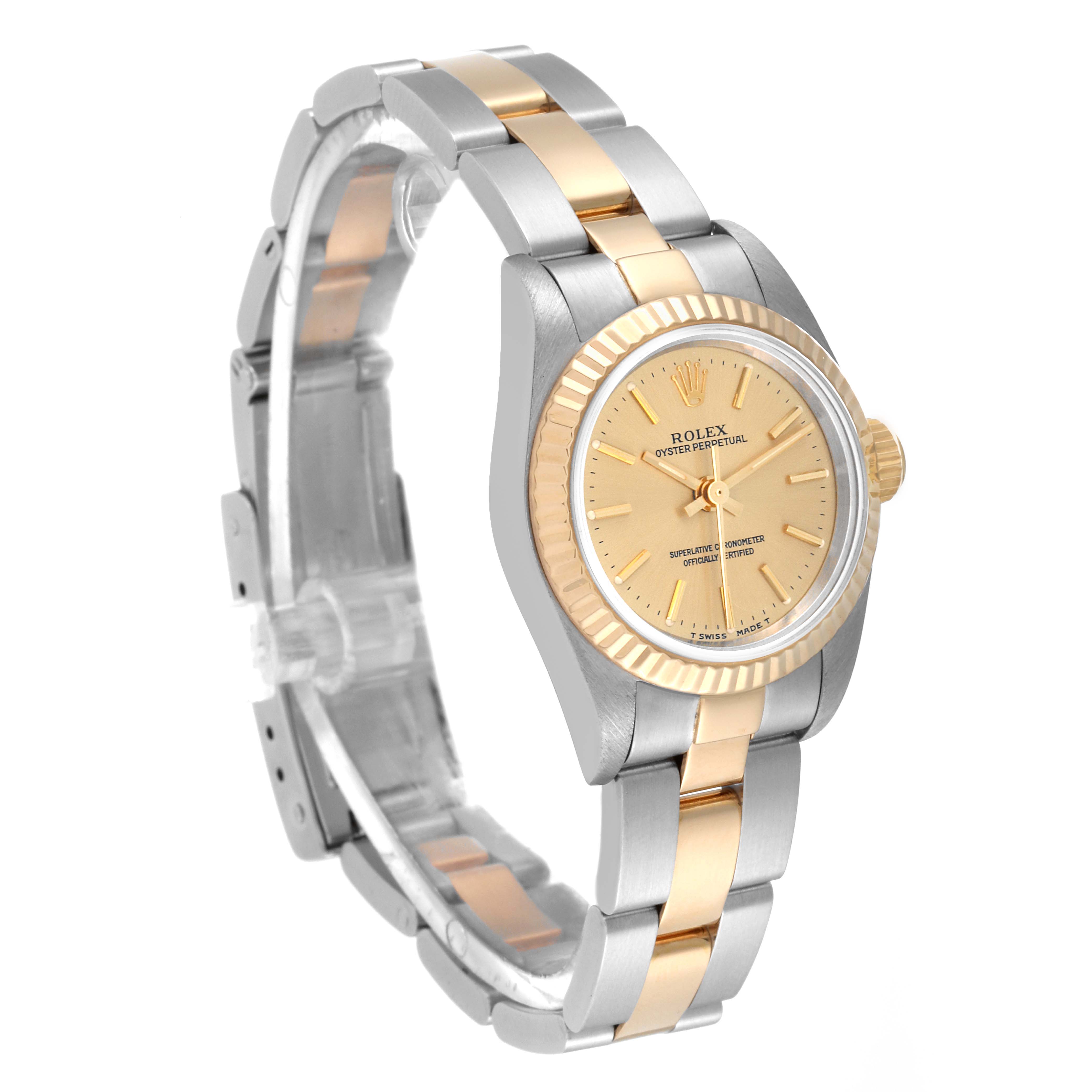 The Rolex Oyster Perpetual 67193 Women's Steel and Gold (two tone) Champagne Dial 67193 Women's Steel and Gold (two tone) Champagne Dial watch is shown at a slight angle, displaying the face, bezel, and bracelet clearly.