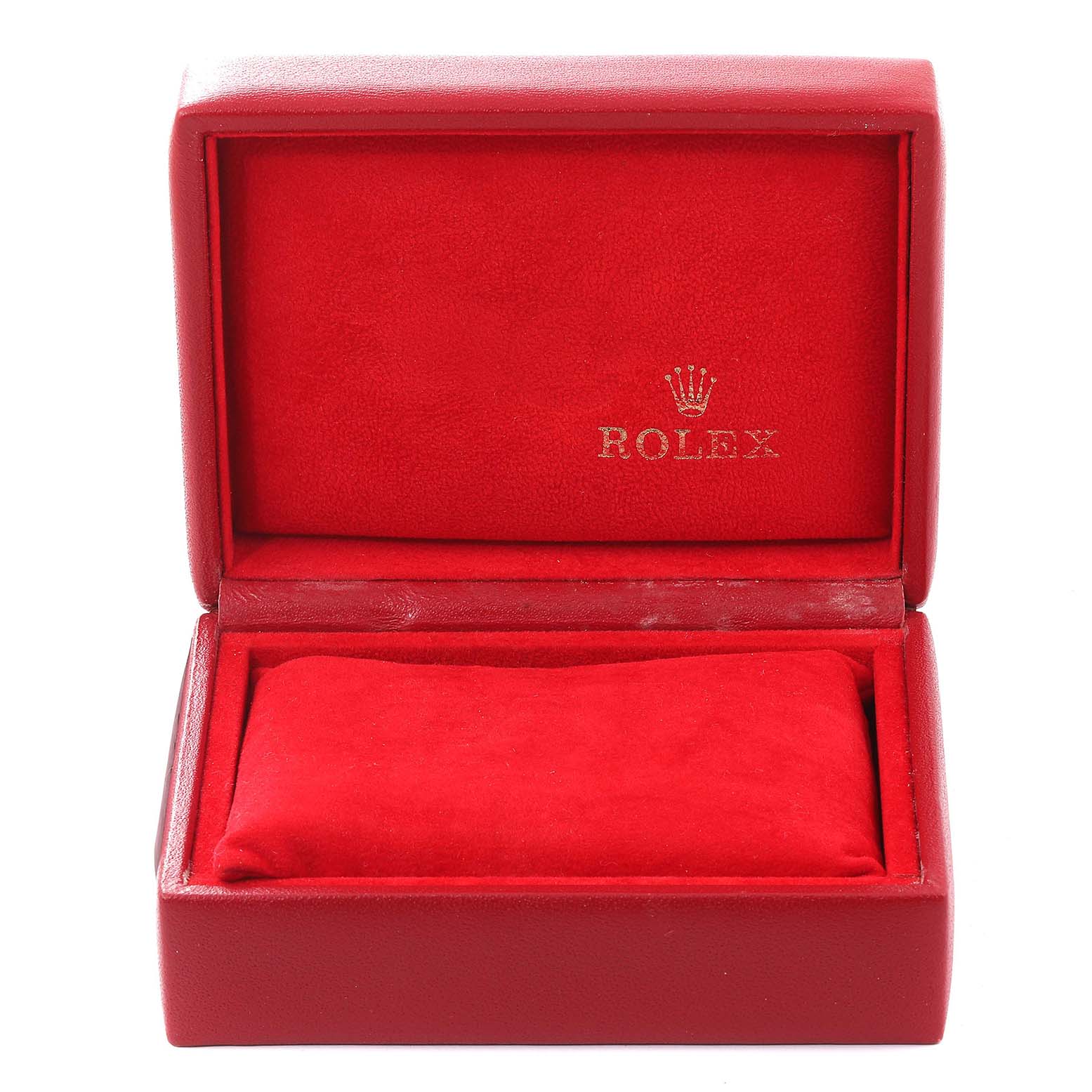 This is an open red case for a Rolex Oyster Perpetual 67193 Women's Steel and Gold (two tone) Champagne Dial 67193 Women's Steel and Gold (two tone) Champagne Dial watch displaying the interior.