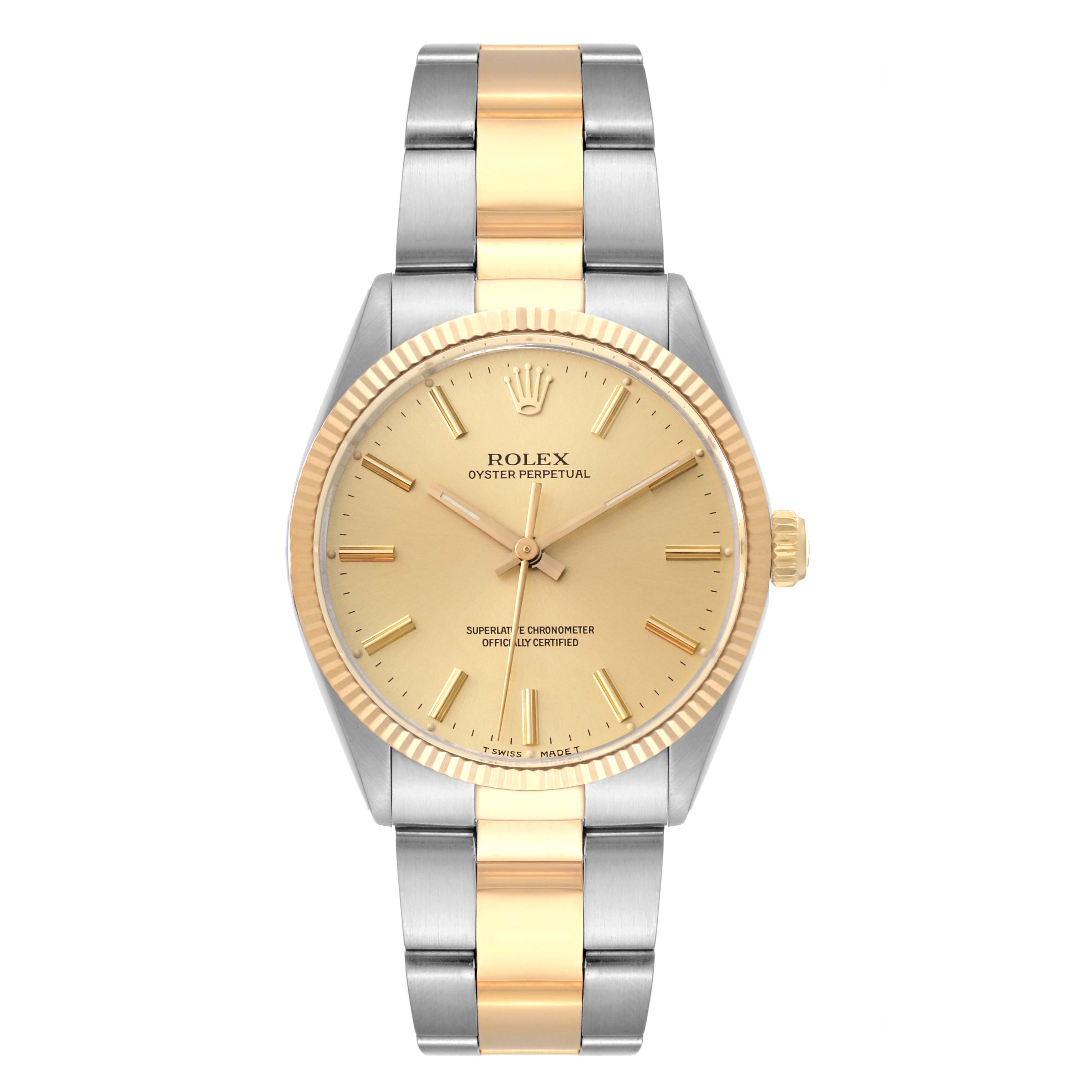 This Rolex Vintage Collection 1005 Men's Steel and Gold (two tone) Champagne Dial 1005 Men's Steel and Gold (two tone) Champagne Dial watch is shown from a front angle, highlighting the face, bezel, and two-tone bracelet.