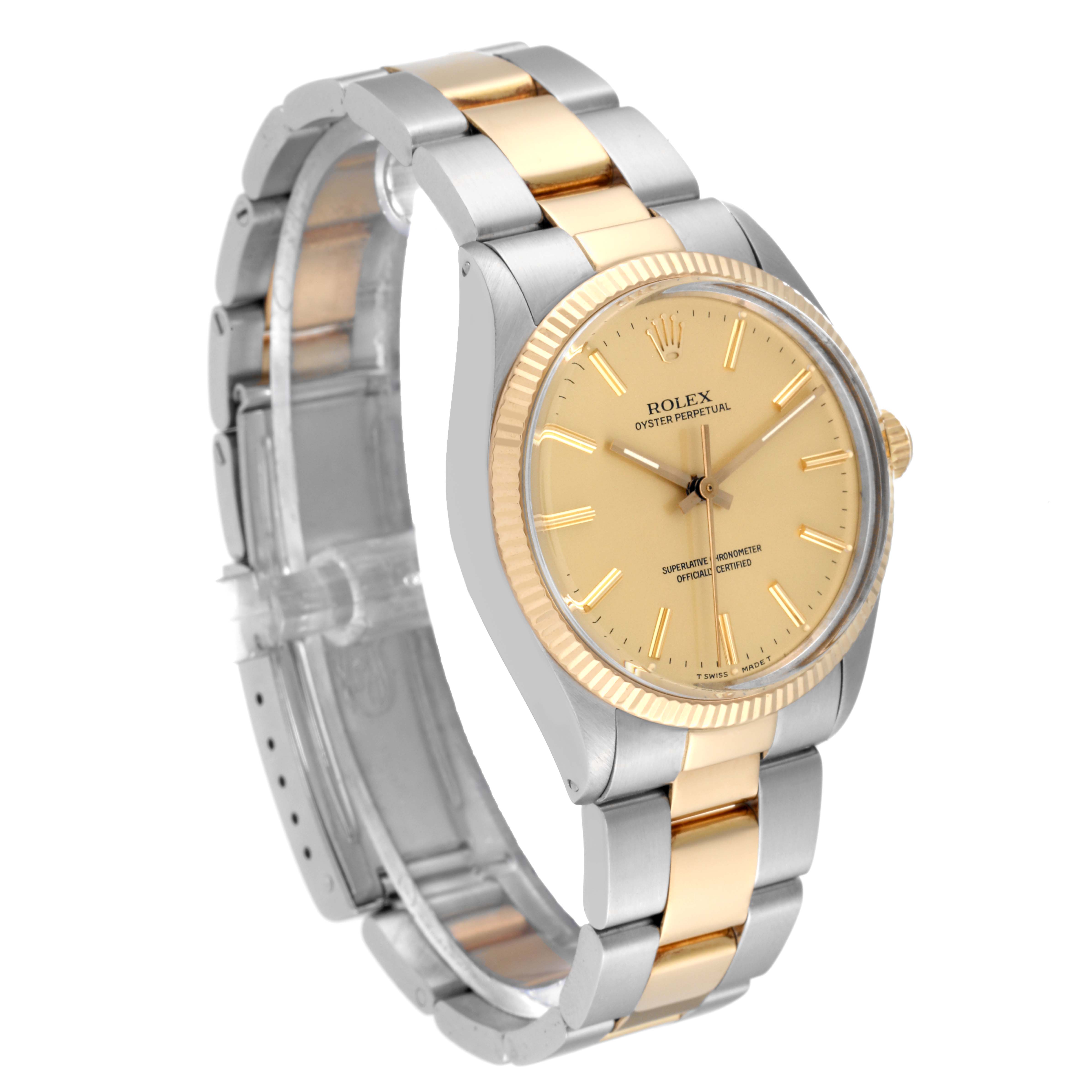 The Rolex Vintage Collection 1005 Men's Steel and Gold (two tone) Champagne Dial 1005 Men's Steel and Gold (two tone) Champagne Dial watch is shown at a three-quarter angle, displaying its dial, bezel, and partially open two-tone bracelet.