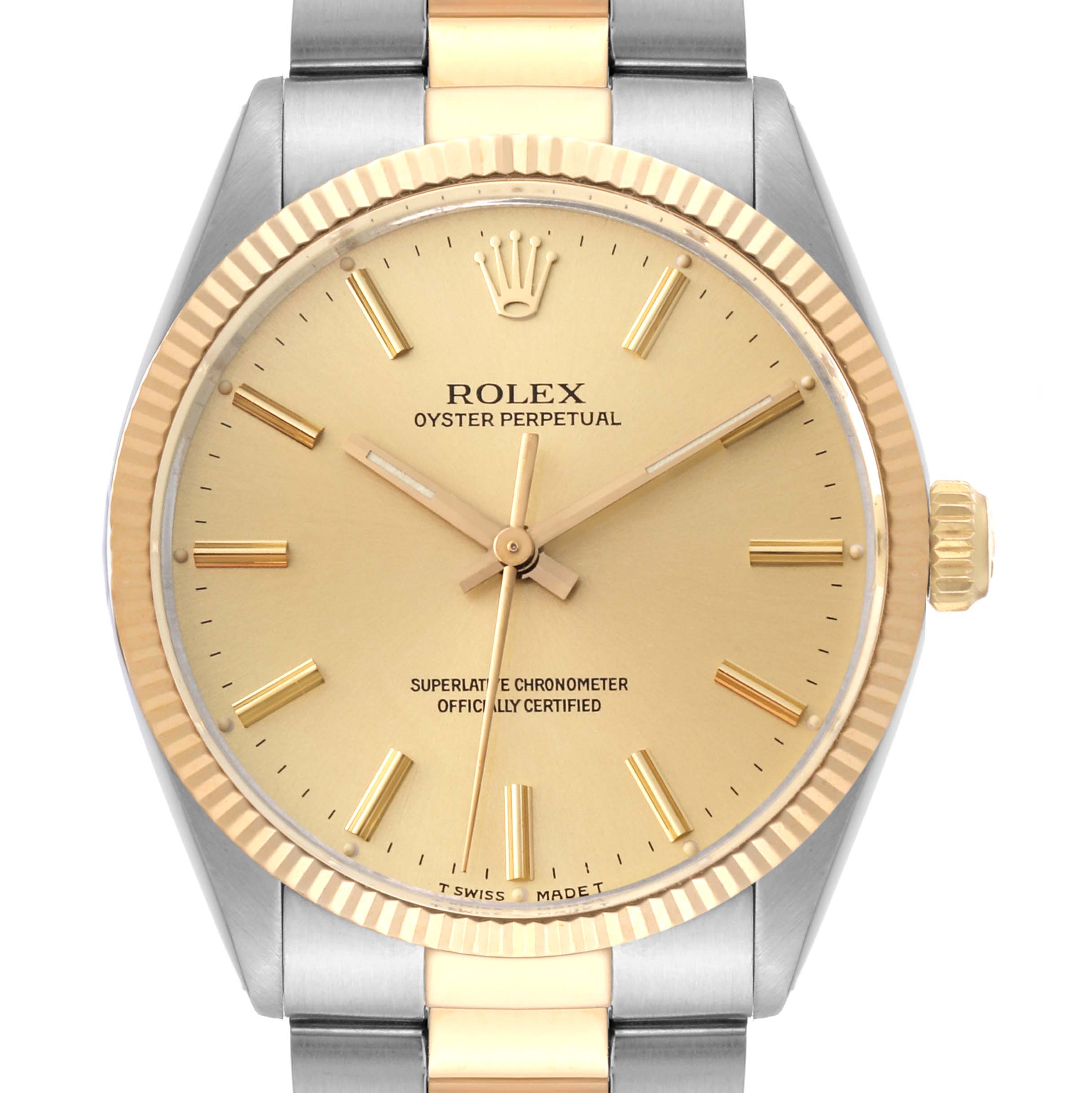 This image shows a frontal view of a Rolex Oyster Perpetual Vintage Collection watch, displaying the dial, bezel, and part of the bracelet.
