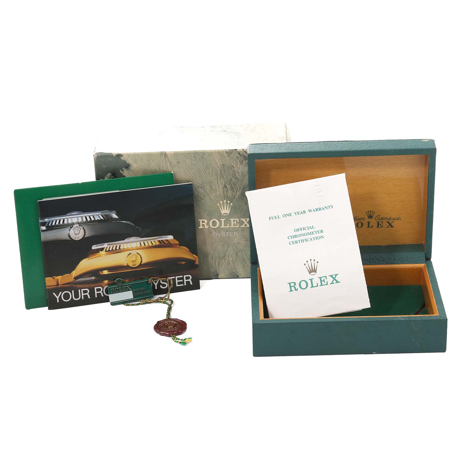 The image shows a Rolex Vintage Collection 1005 Men's Steel and Gold (two tone) Champagne Dial 1005 Men's Steel and Gold (two tone) Champagne Dial watch box, warranty booklets, and additional certification paperwork.