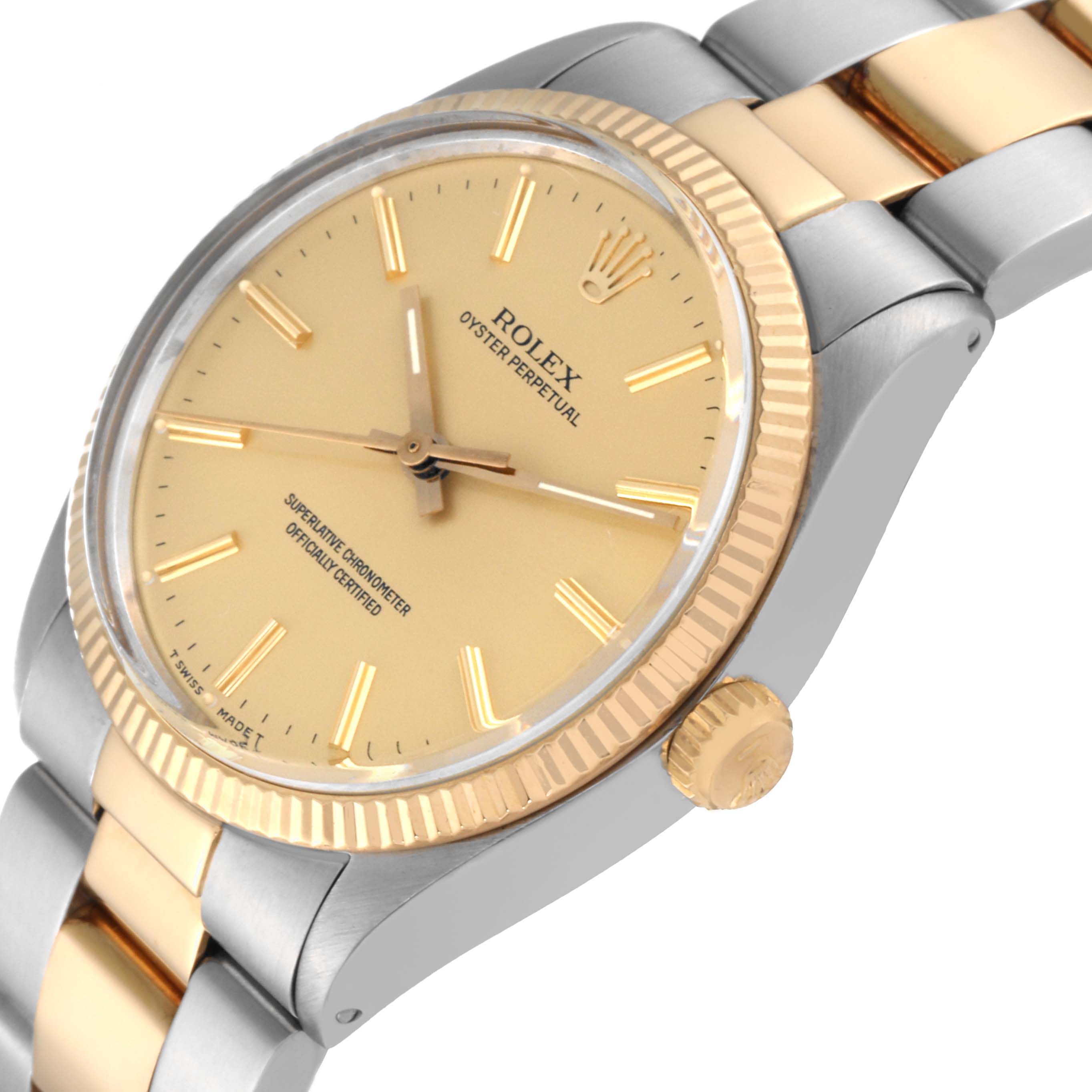 The image shows the dial and part of the bracelet of the Rolex Vintage Collection 1005 Men's Steel and Gold (two tone) Champagne Dial 1005 Men's Steel and Gold (two tone) Champagne Dial Oyster Perpetual watch at an angled side view.