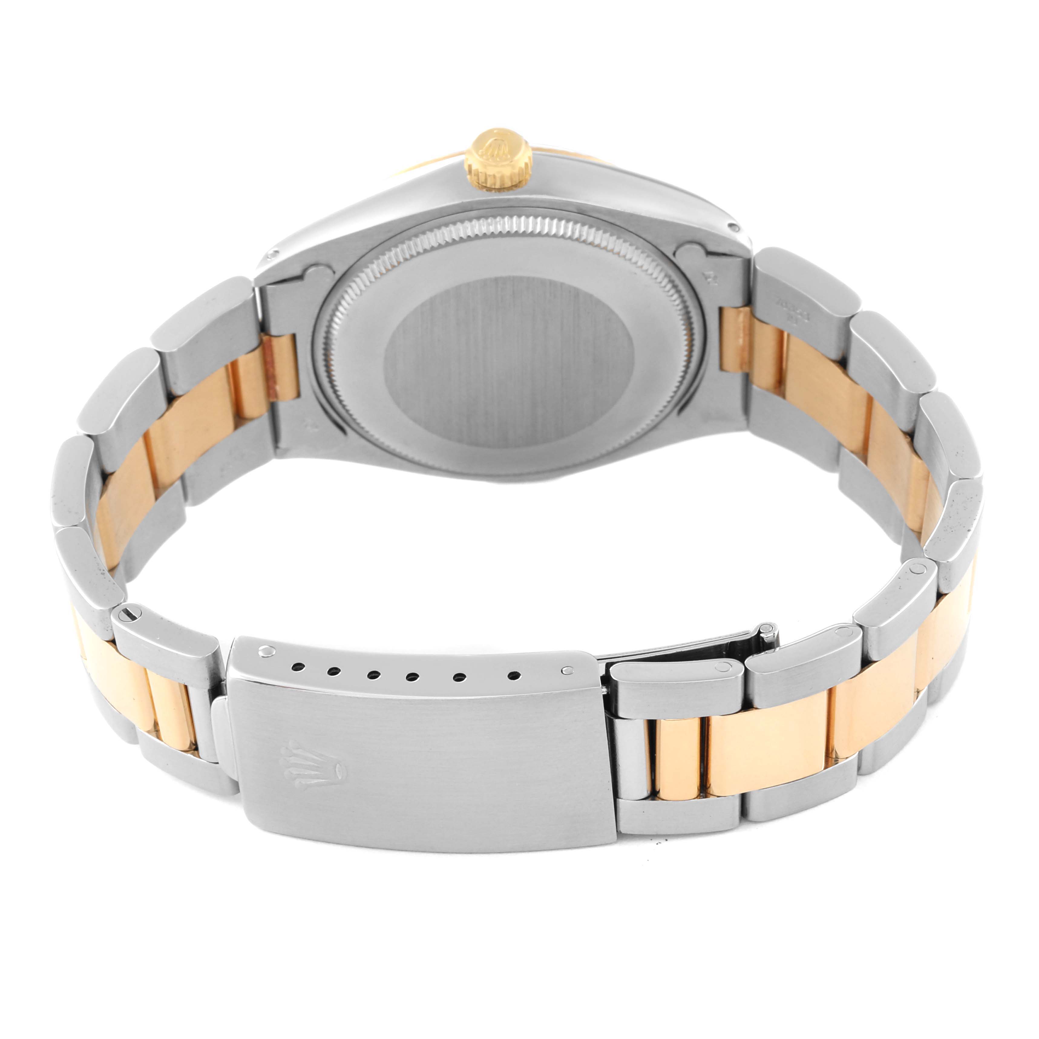 The image shows the back view and clasp of the Rolex Vintage Collection 1005 Men's Steel and Gold (two tone) Champagne Dial 1005 Men's Steel and Gold (two tone) Champagne Dial watch, highlighting its two-tone bracelet.