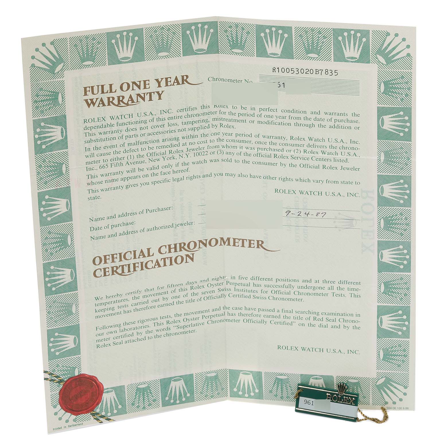The image shows a warranty certificate and a chronometer tag for a Rolex Vintage Collection 1005 Men's Steel and Gold (two tone) Champagne Dial 1005 Men's Steel and Gold (two tone) Champagne Dial watch.