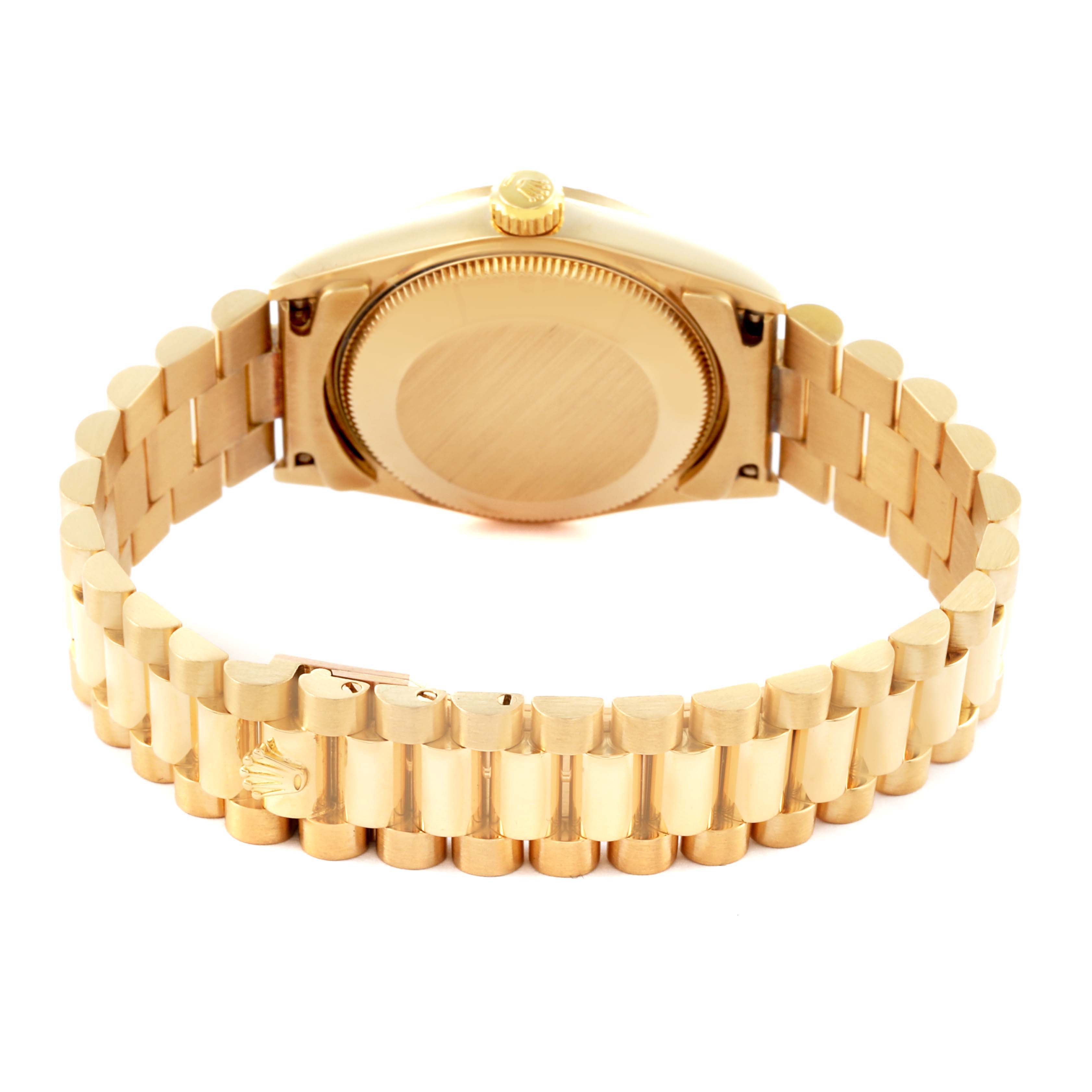 The image shows the back case and bracelet of a Rolex President 68278 Women's Yellow Gold Red Dial 68278 Women's Yellow Gold Red Dial watch, highlighting the signature gold link design.