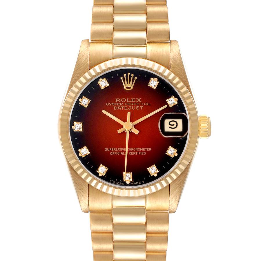 The Rolex President model watch is shown from the front, displaying its face, bezel, and bracelet.