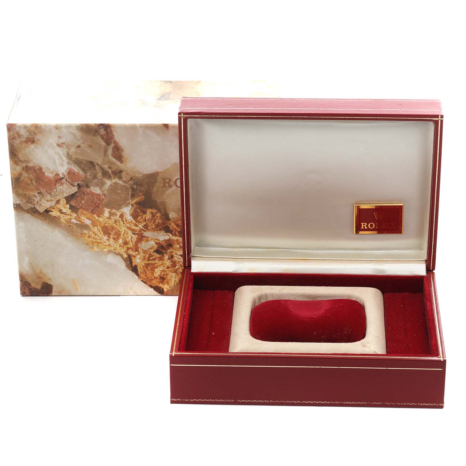The image shows a Rolex President 68278 Women's Yellow Gold Red Dial 68278 Women's Yellow Gold Red Dial model watch box, open to reveal its red and cream interior, at a front-facing angle.
