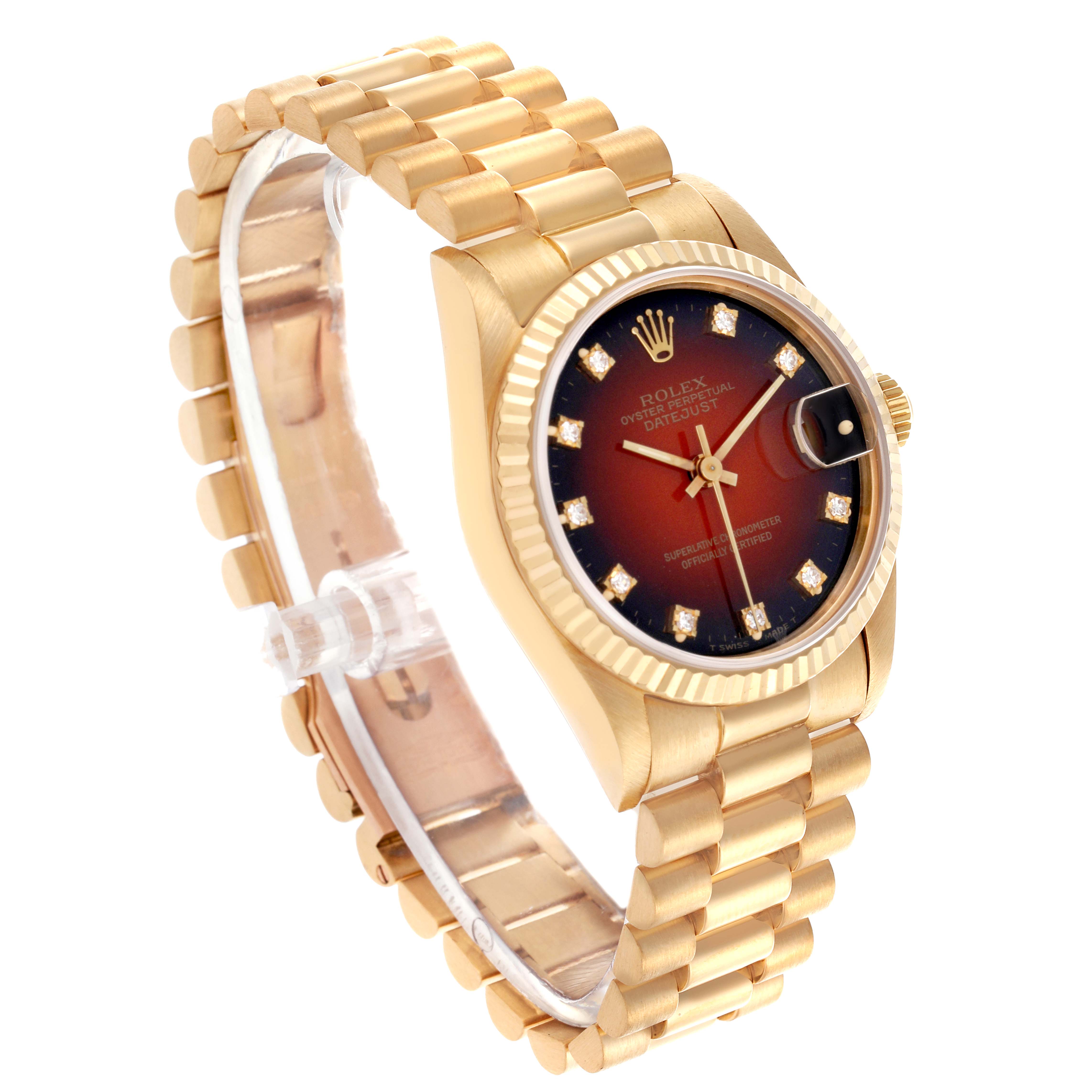 The Rolex President 68278 Women's Yellow Gold Red Dial 68278 Women's Yellow Gold Red Dial model watch is shown at a three-quarter angle, highlighting the gold bracelet, fluted bezel, and red dial with diamond markers.