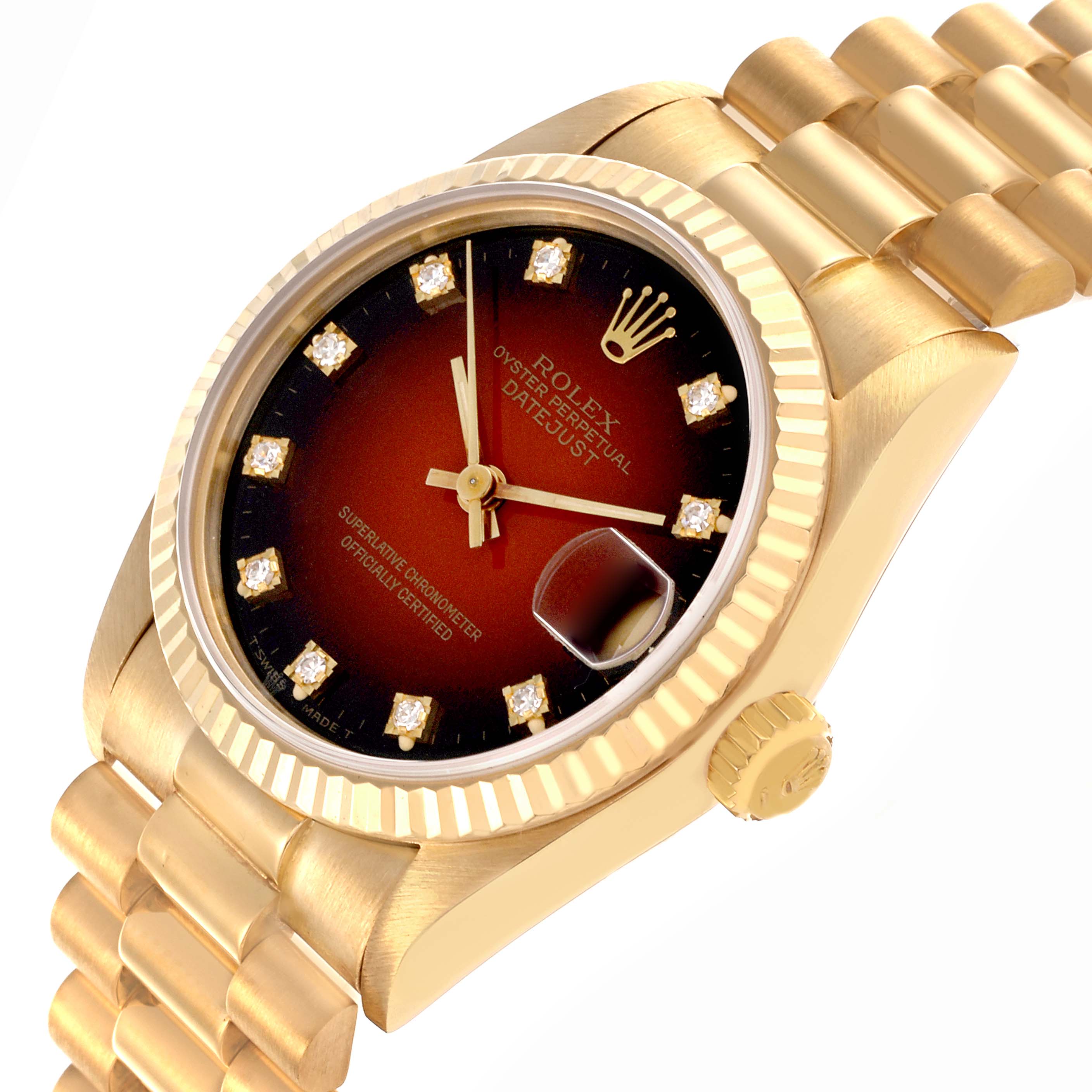 The Rolex President 68278 Women's Yellow Gold Red Dial 68278 Women's Yellow Gold Red Dial watch is shown from a three-quarter view highlighting the dial, bezel, crown, and part of the bracelet.