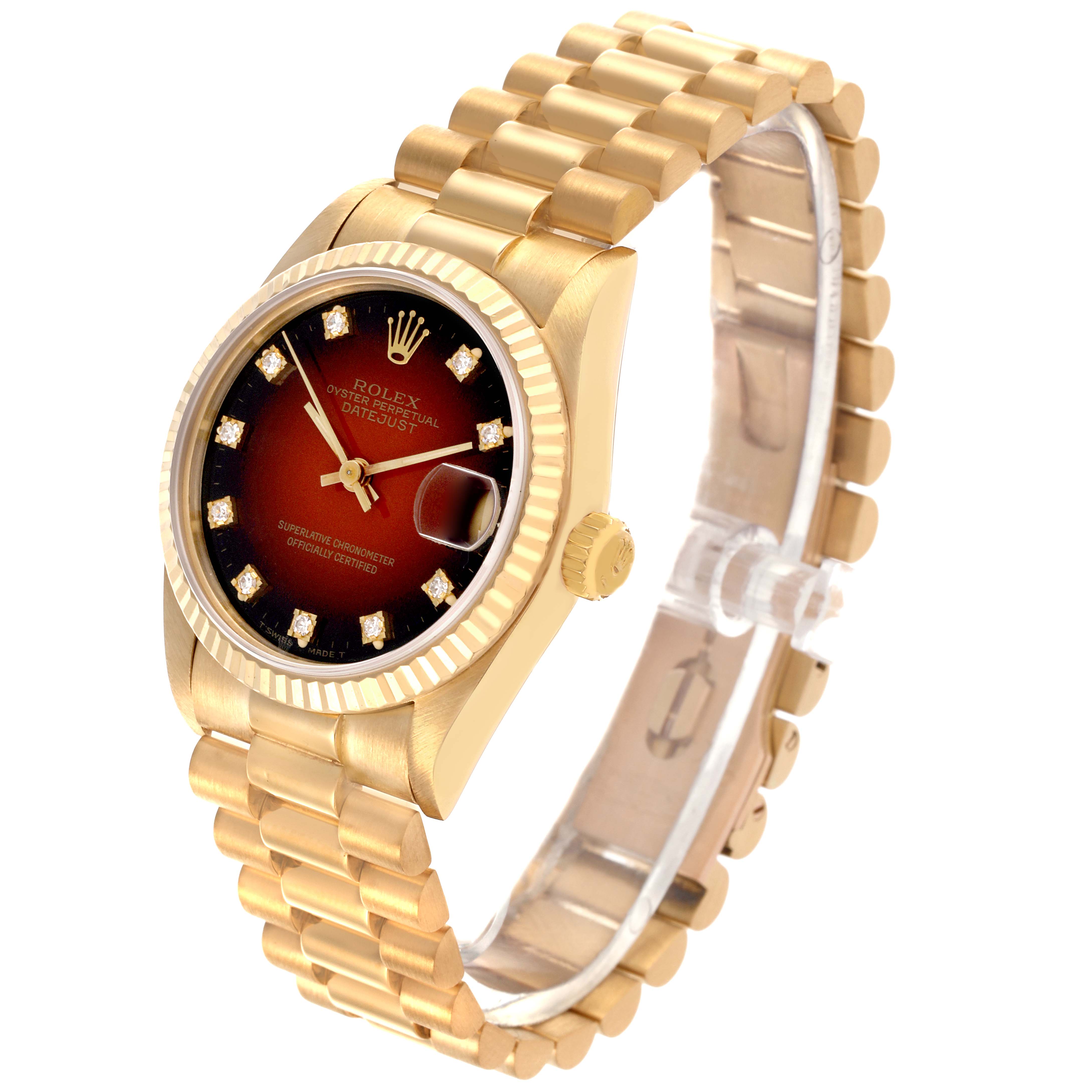 The Rolex President 68278 Women's Yellow Gold Red Dial 68278 Women's Yellow Gold Red Dial watch is shown at a slight overhead angle, displaying the face, bezel, and part of the bracelet.