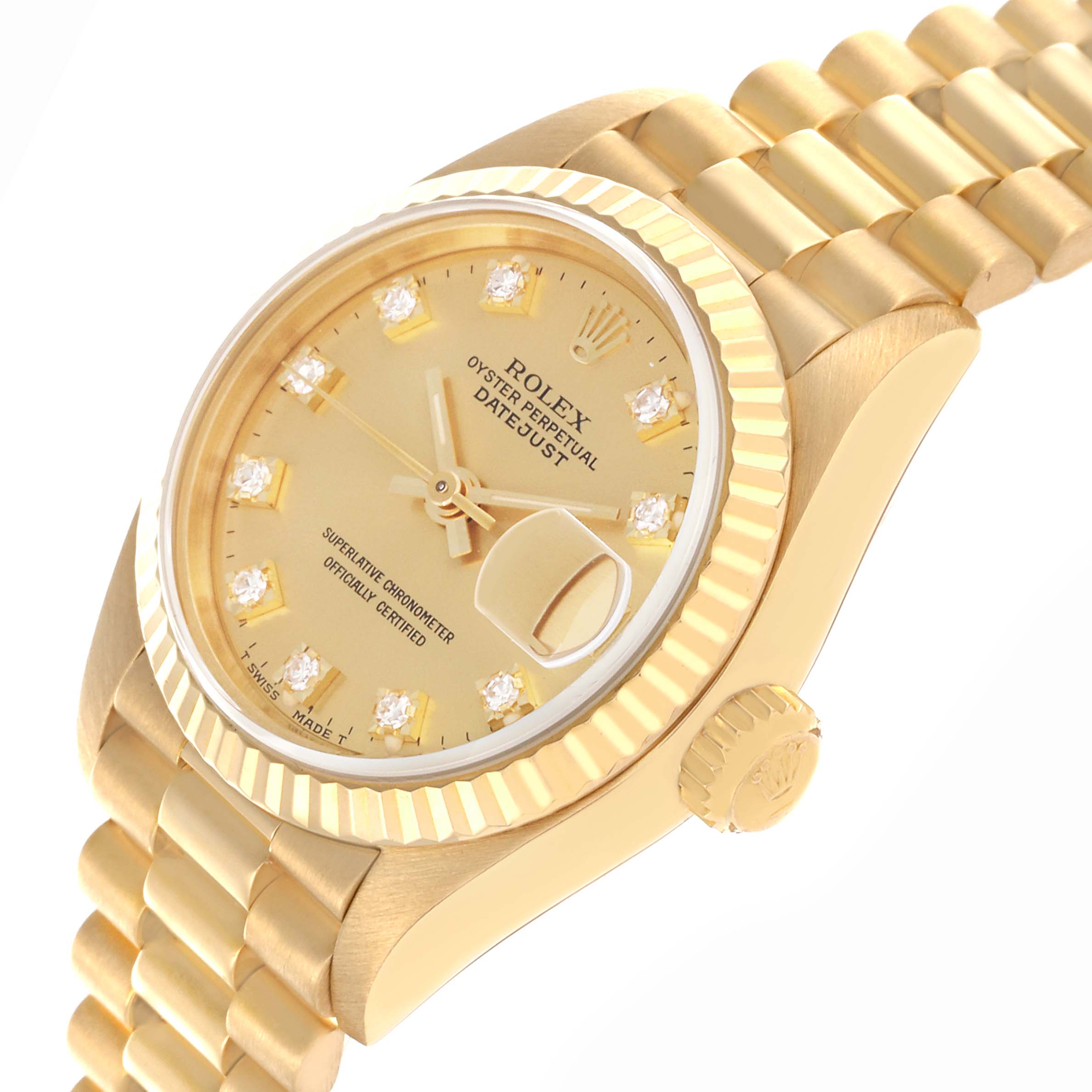 The Rolex President 69178 Women's Yellow Gold Champagne Dial 69178 Women's Yellow Gold Champagne Dial model shows a side angle featuring the dial, bezel, and bracelet.