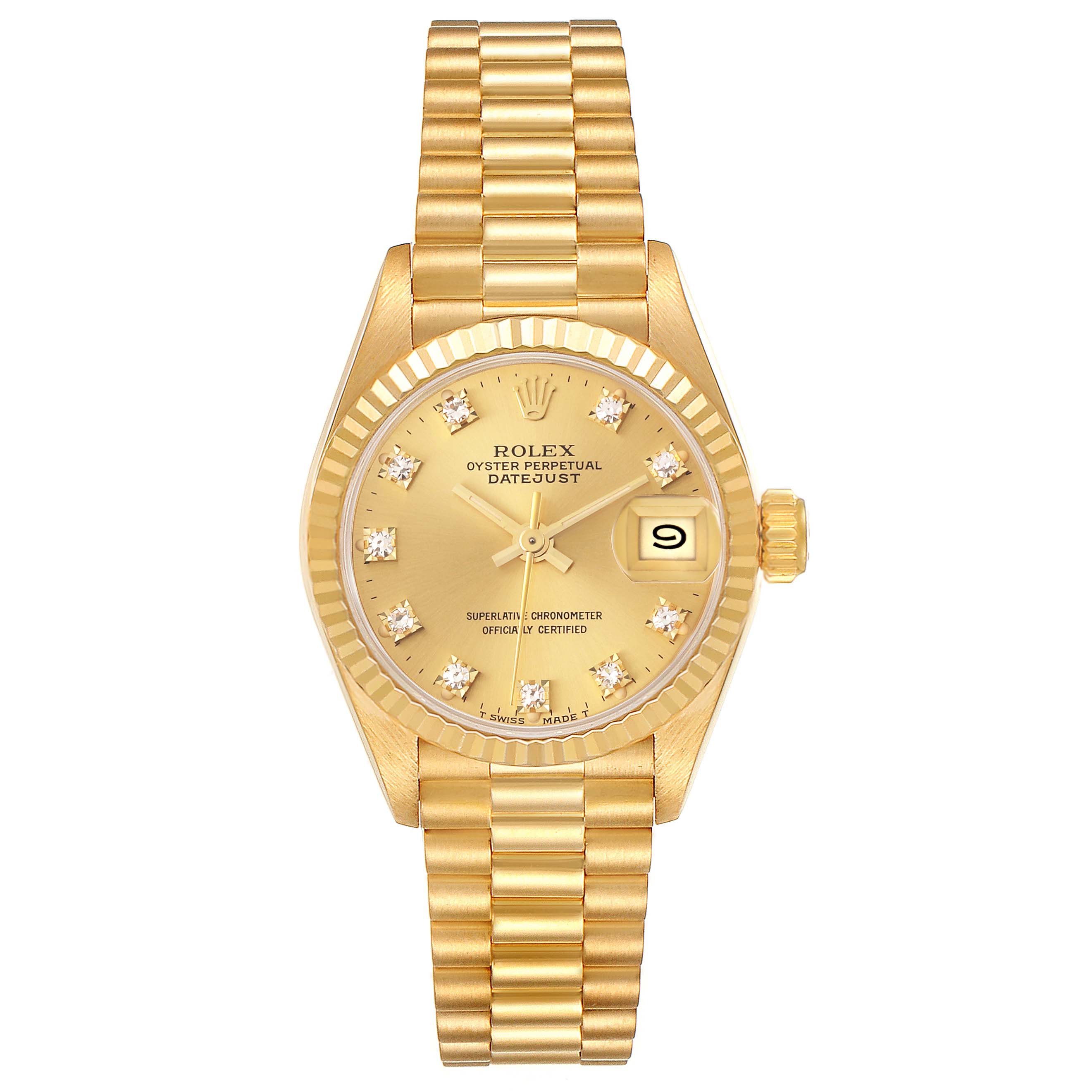 The Rolex President 69178 Women's Yellow Gold Champagne Dial 69178 Women's Yellow Gold Champagne Dial model watch is shown from a front angle, highlighting the dial, bezel, and bracelet.