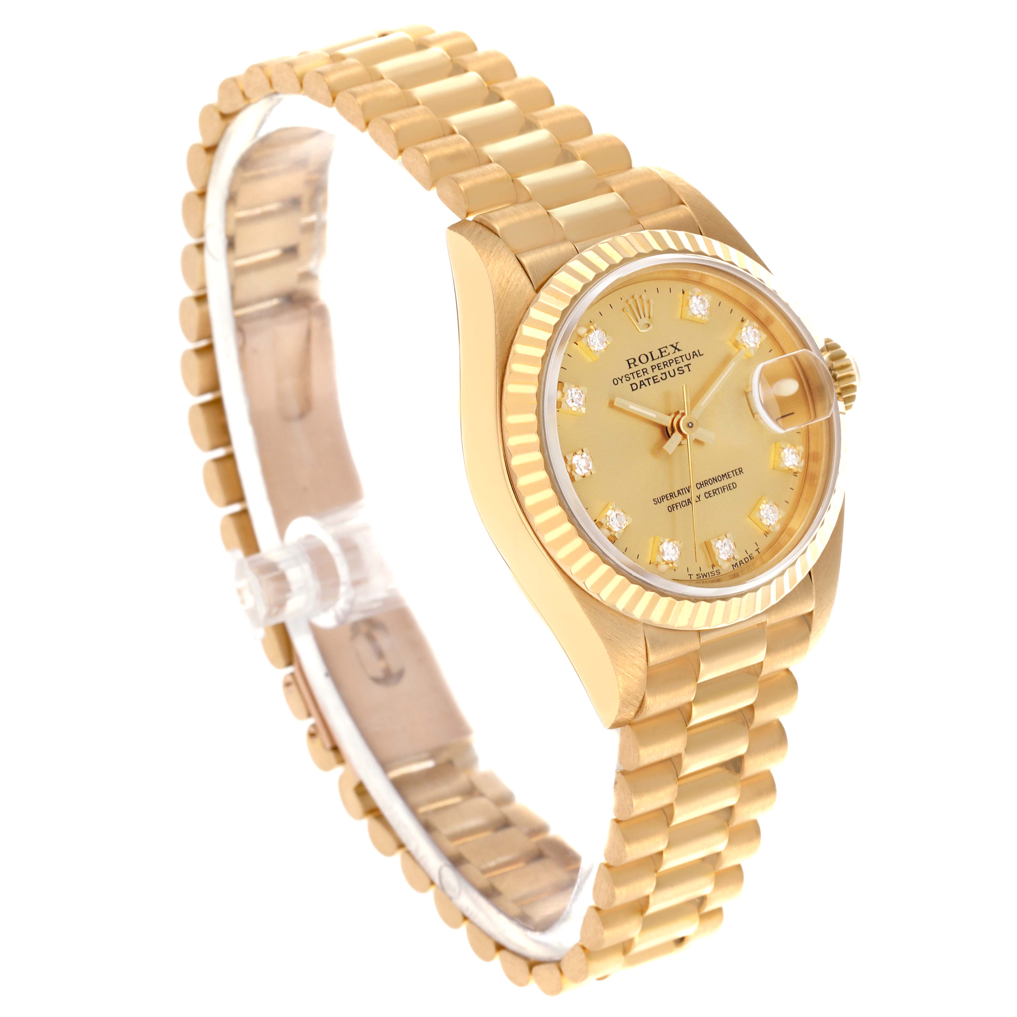 The Rolex President 69178 Women's Yellow Gold Champagne Dial 69178 Women's Yellow Gold Champagne Dial model is shown at a three-quarter angle, displaying the dial, bezel, and part of the bracelet.