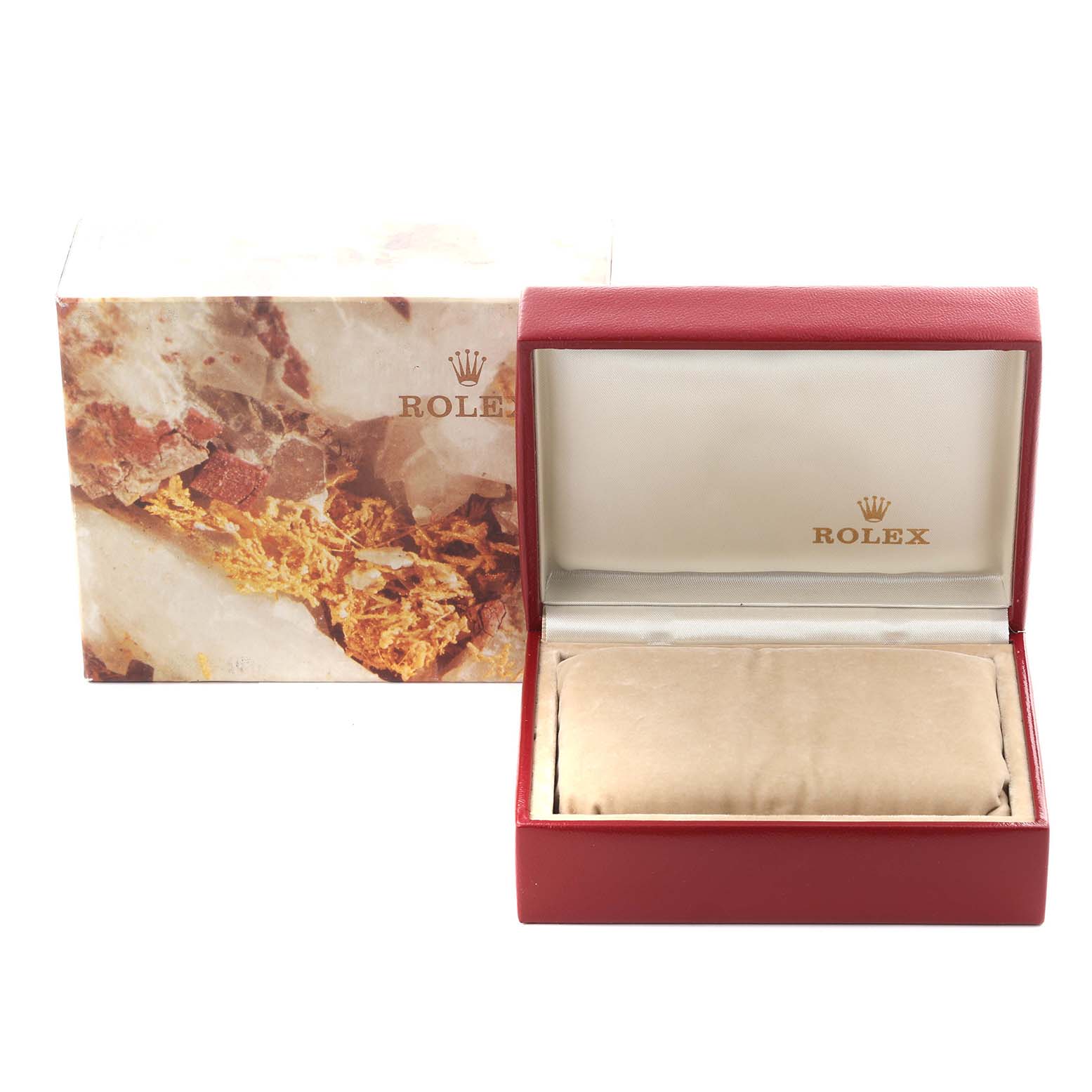 The image shows the box and case for a Rolex President 69178 Women's Yellow Gold Champagne Dial 69178 Women's Yellow Gold Champagne Dial model, with the lid open, displaying the interior and cushion.