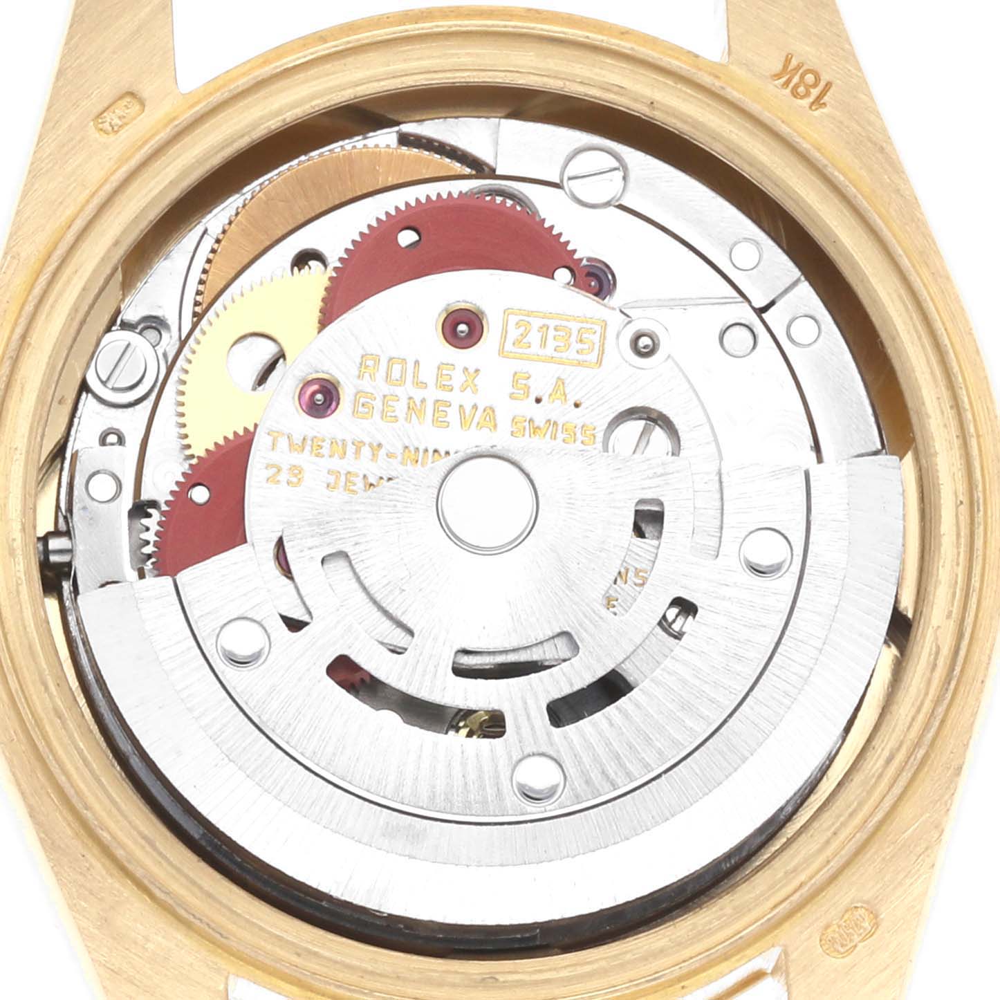 The image shows the movement of a Rolex President 69178 Women's Yellow Gold Champagne Dial 69178 Women's Yellow Gold Champagne Dial model watch from a top-down angle.