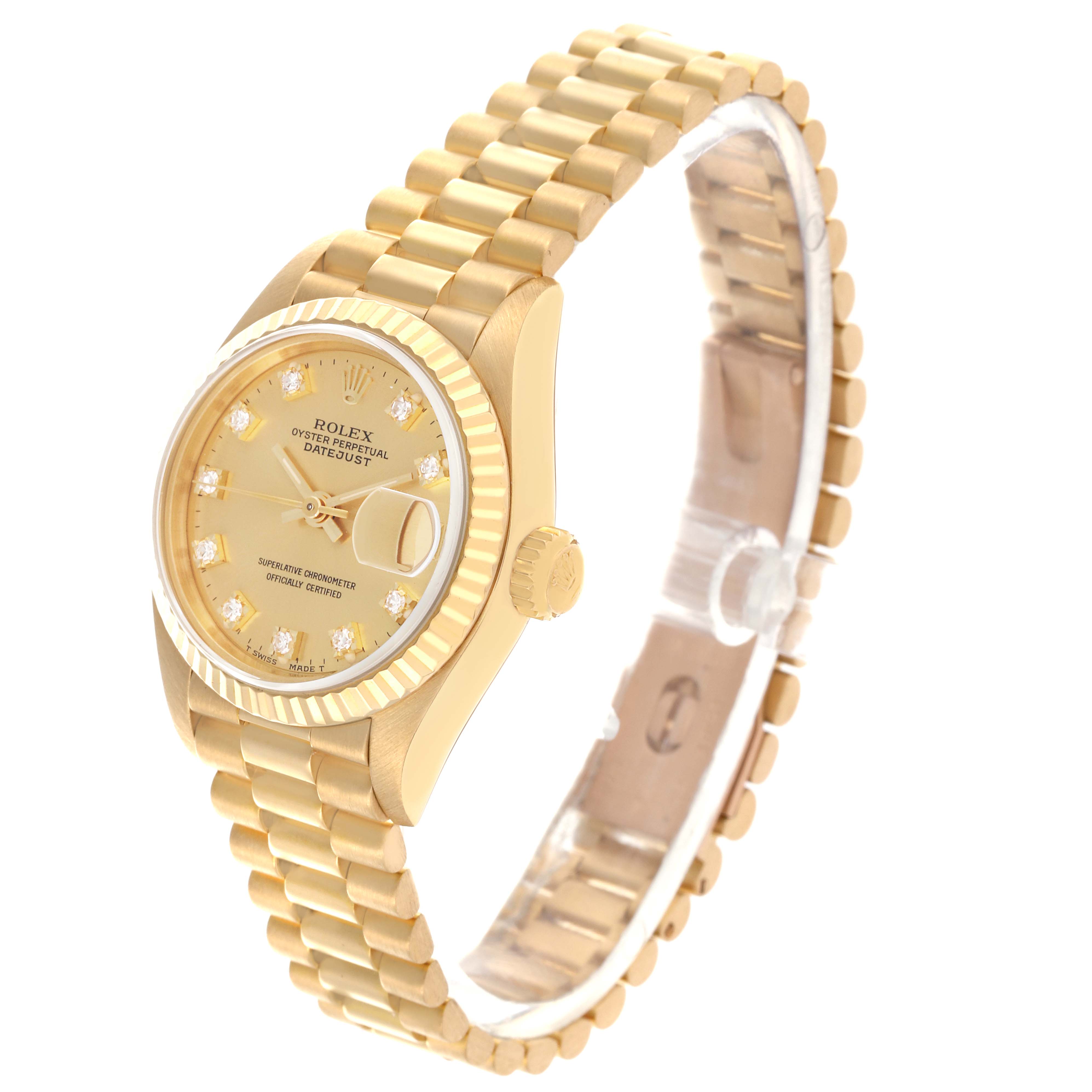 The Rolex President 69178 Women's Yellow Gold Champagne Dial 69178 Women's Yellow Gold Champagne Dial model is shown at a three-quarter angle, displaying its bracelet, dial, and bezel.