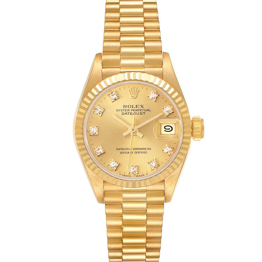 The Rolex President model is shown from a front angle, featuring its gold bracelet, fluted bezel, and diamond-accented dial.