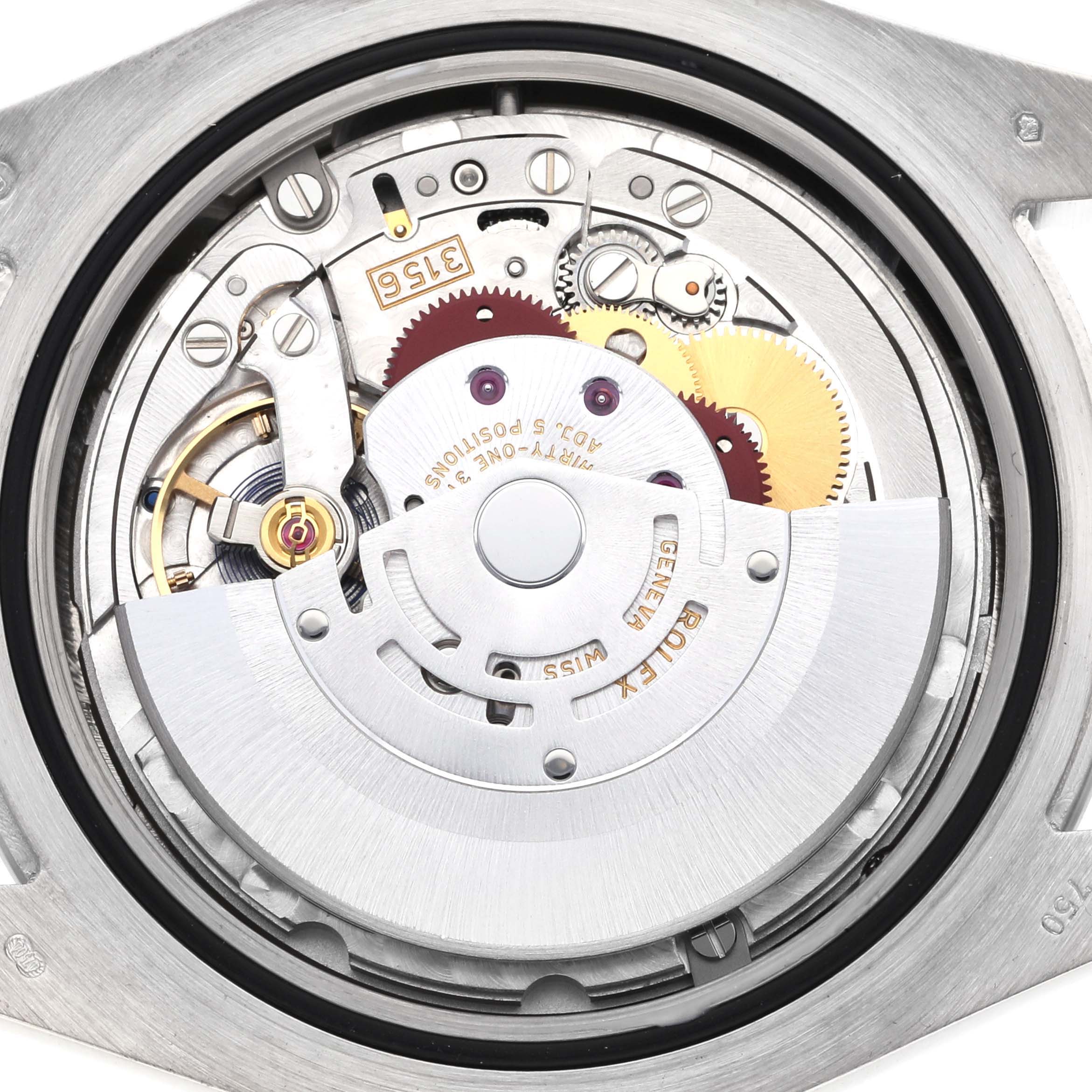 The image shows the movement of a Rolex President 218349 Men's White Gold Silver Dial 218349 Men's White Gold Silver Dial watch, highlighting gears and intricate mechanical parts.