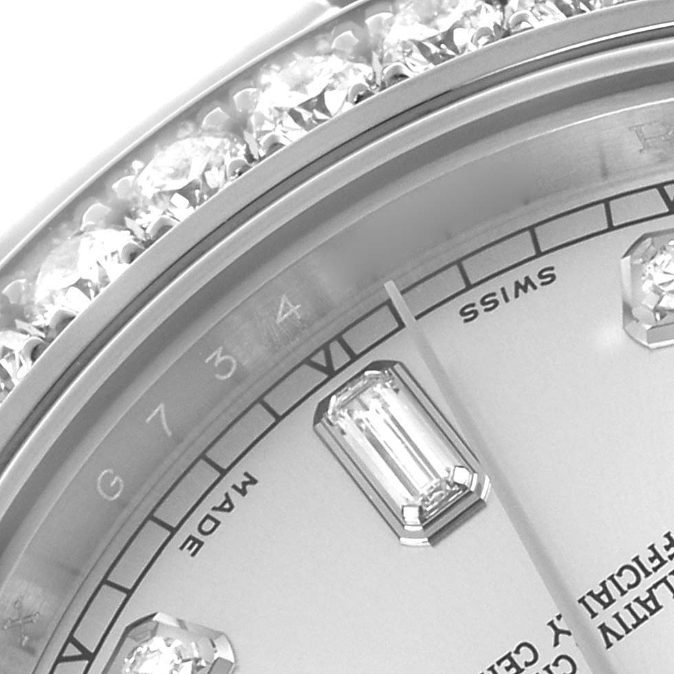 The image shows a close-up of the dial and diamond bezel of a Rolex President 218349 Men's White Gold Silver Dial 218349 Men's White Gold Silver Dial model watch with part of the markers visible.
