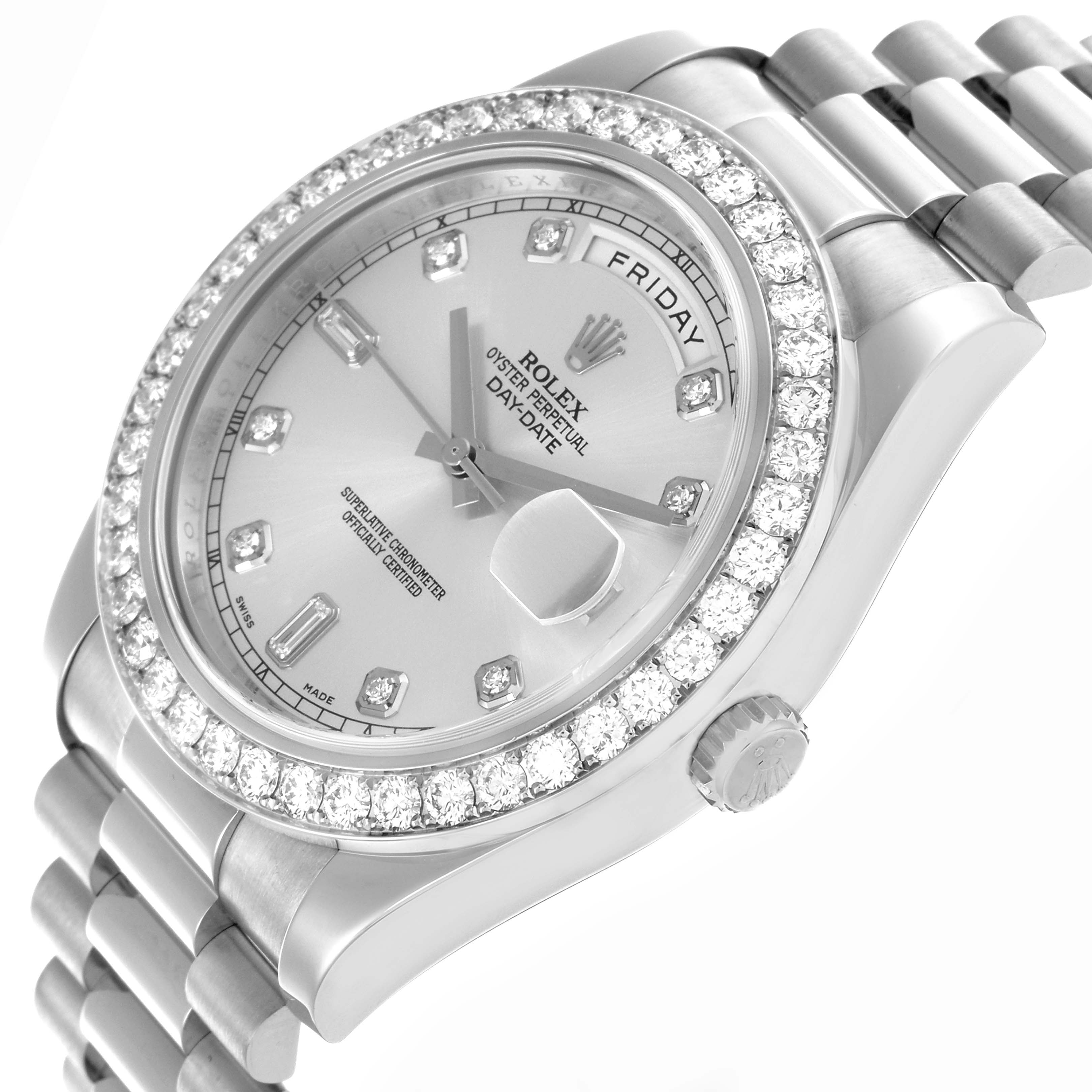 The Rolex President 218349 Men's White Gold Silver Dial 218349 Men's White Gold Silver Dial model watch is shown at an angled view, highlighting its diamond bezel, dial, and bracelet.