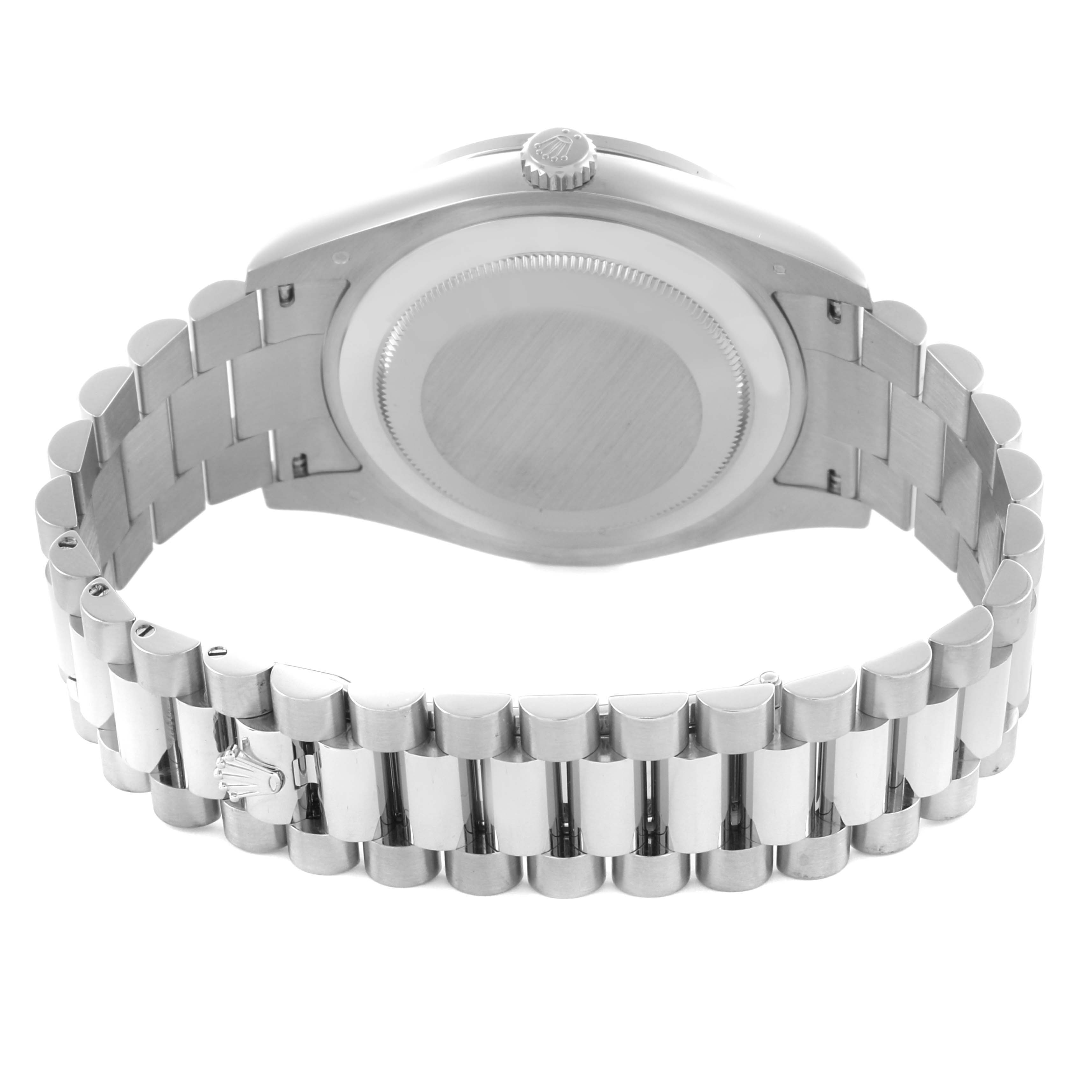 The image shows the back case and bracelet of the Rolex President 218349 Men's White Gold Silver Dial 218349 Men's White Gold Silver Dial watch, viewed from the rear.