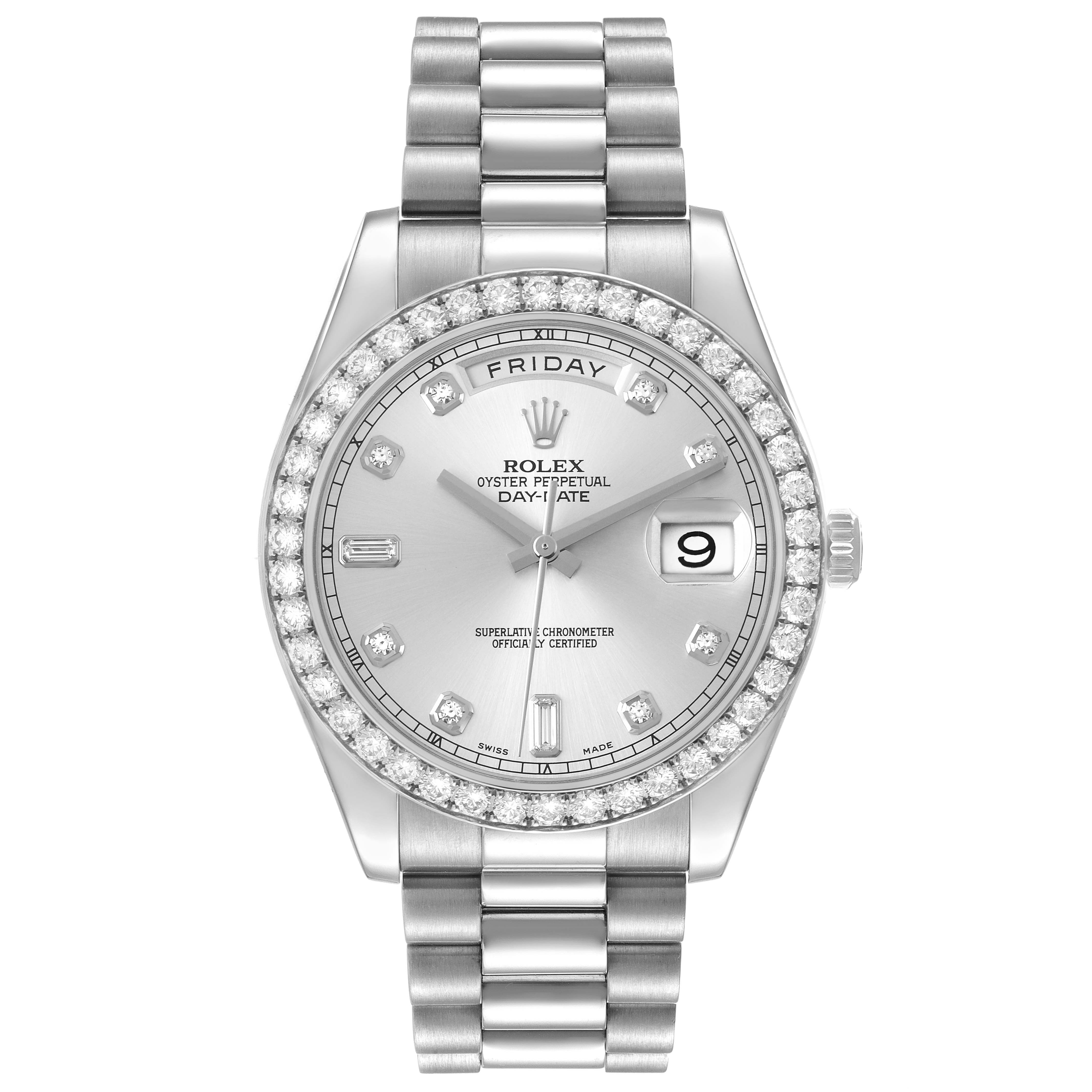 The Rolex President 218349 Men's White Gold Silver Dial 218349 Men's White Gold Silver Dial model is shown from a front angle, highlighting the dial, bezel, and bracelet.