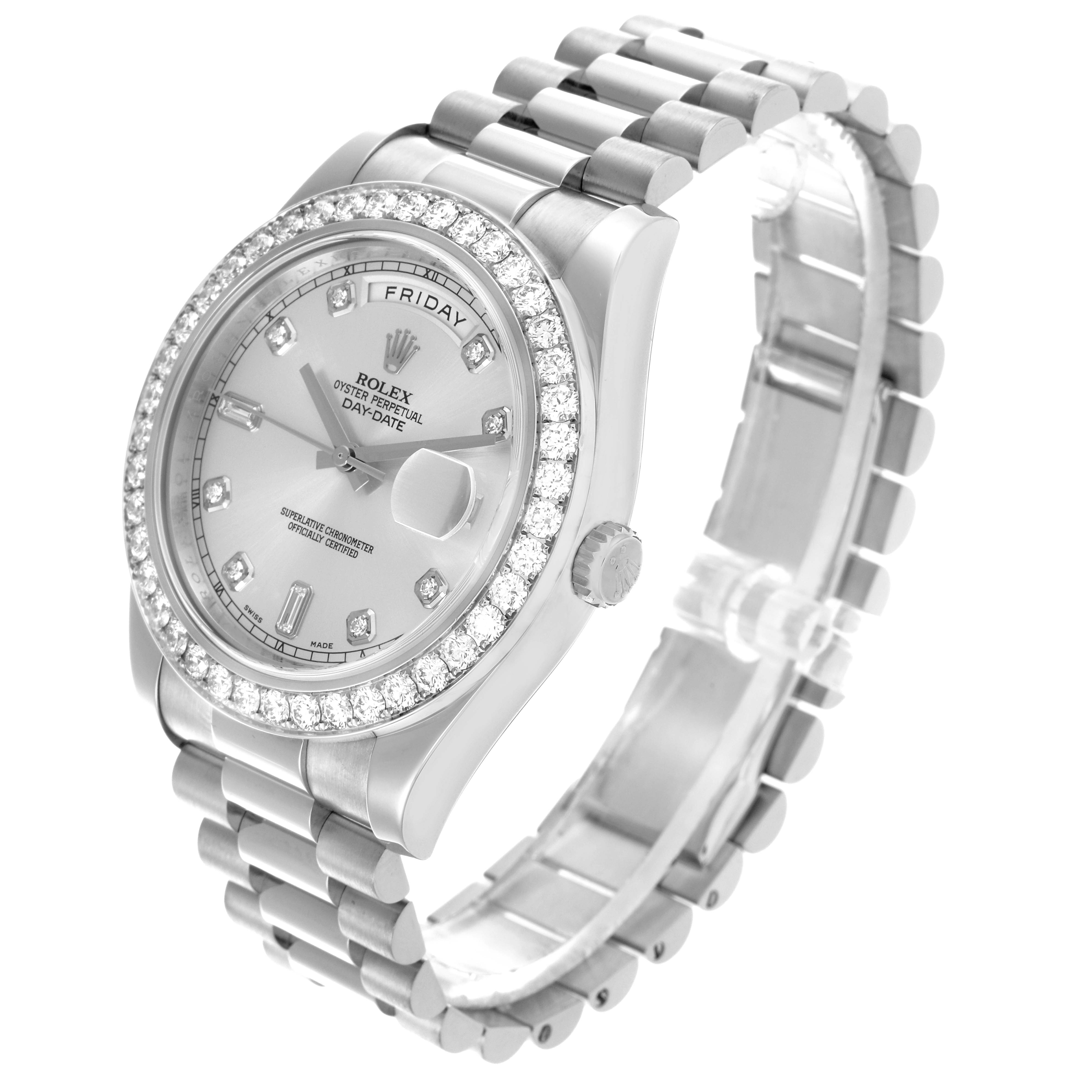 The Rolex President 218349 Men's White Gold Silver Dial 218349 Men's White Gold Silver Dial model watch is shown at an angled view, highlighting the face, bezel, and bracelet.